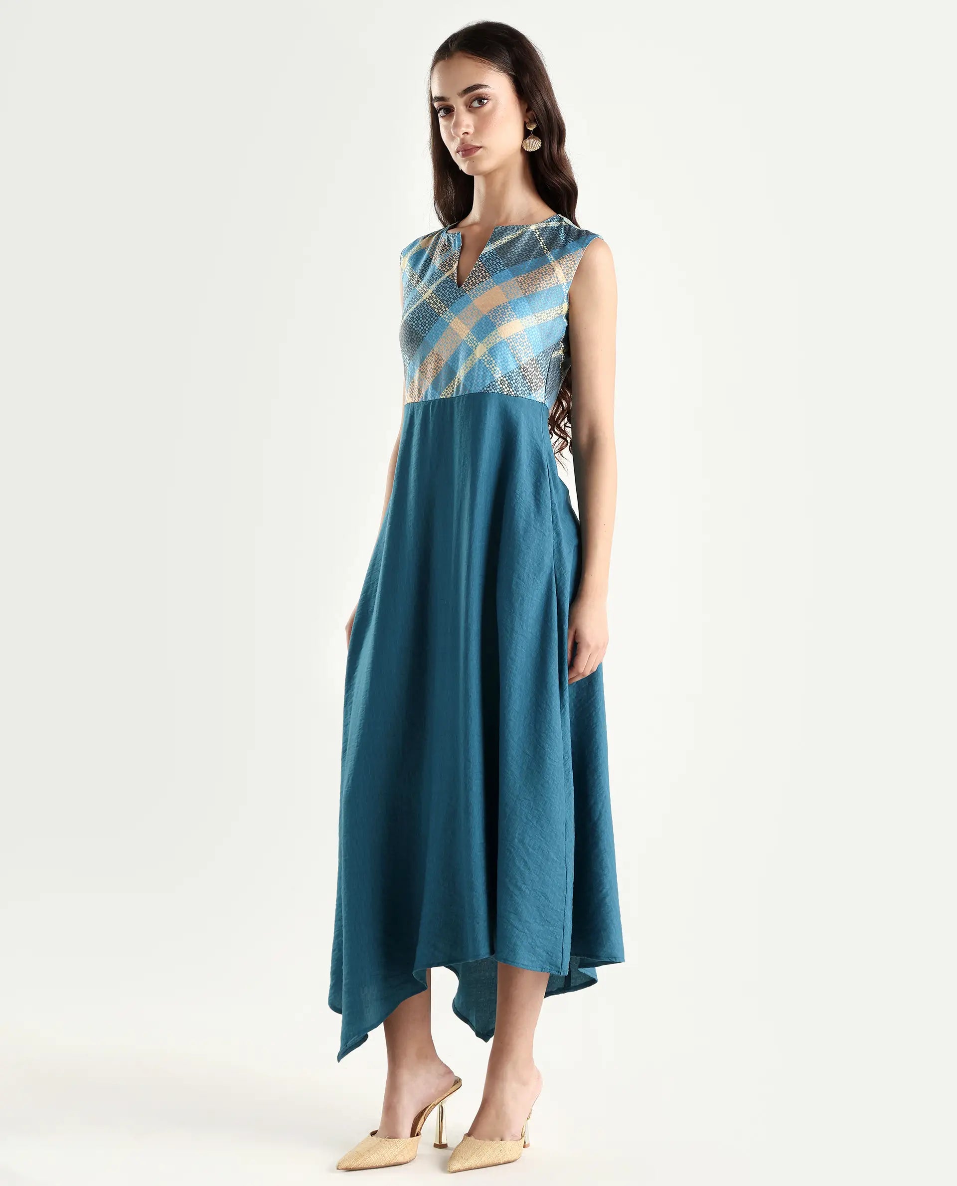 Rareism Women's Riskal Blue Cotton Round Neck Flannel Print Sleeveless Maxi Fit And Flare Dress