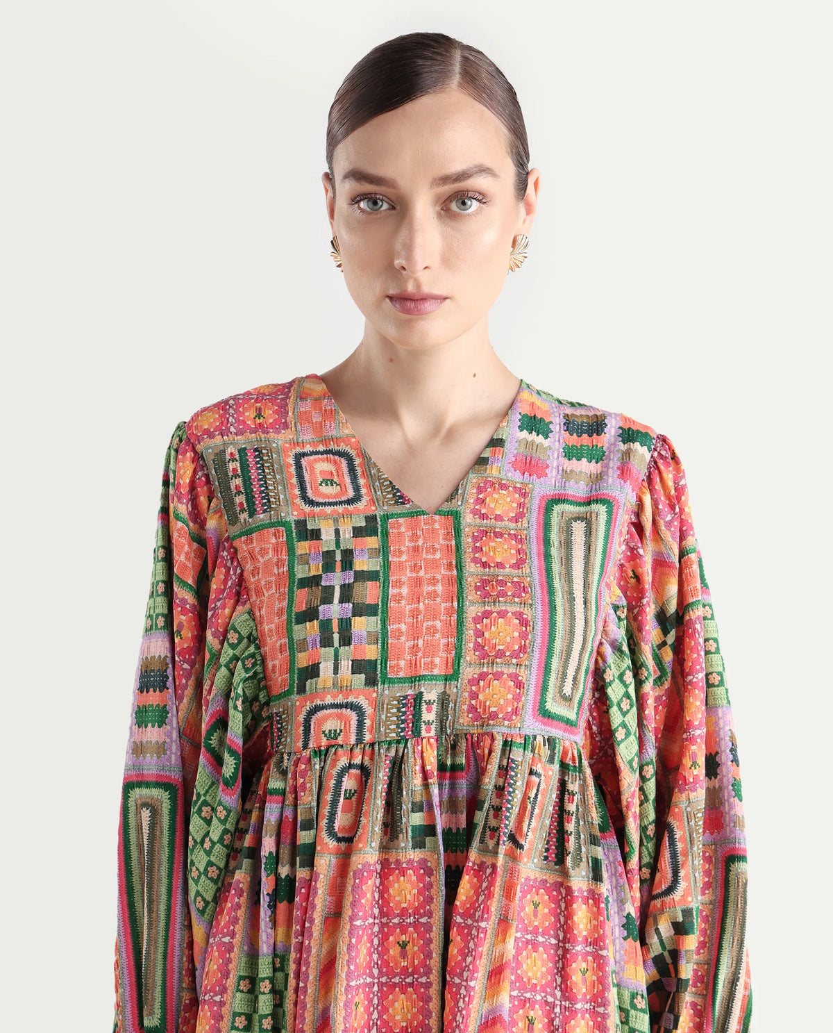 Rareism Women's Sweg Multi Polyester Blend V-Neck Abstract Print Bishop Sleeve Midi Flared Dress