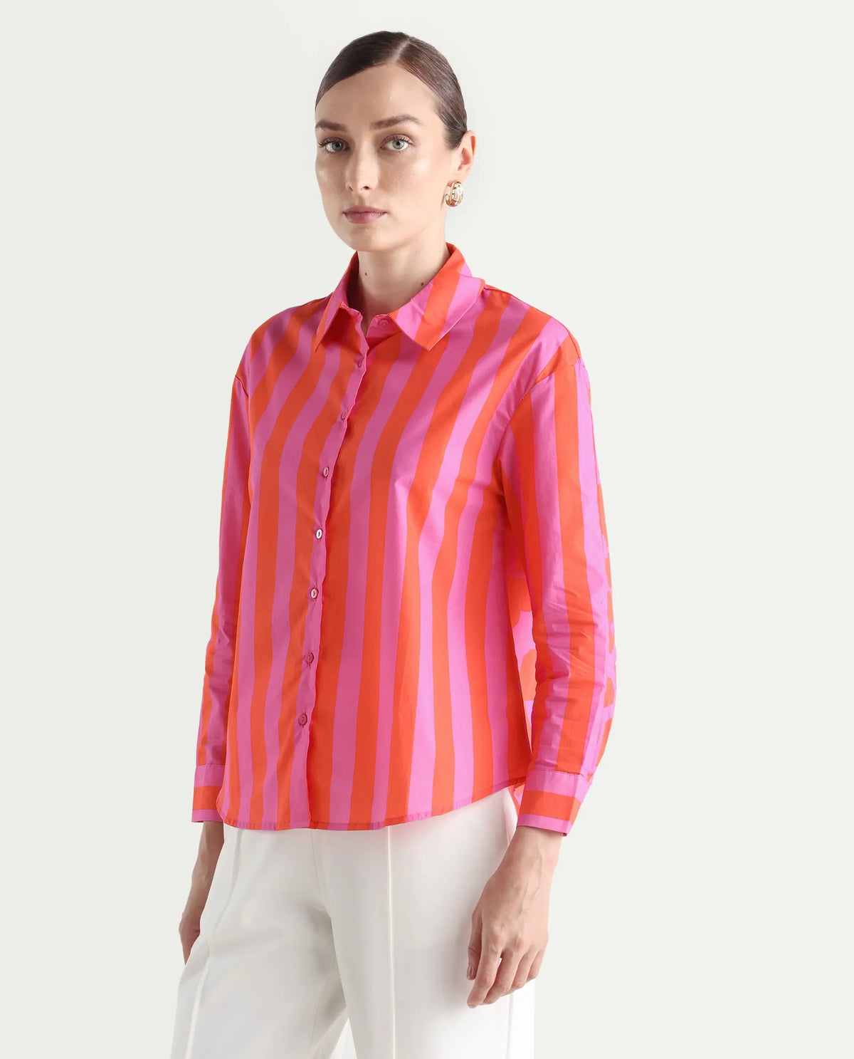 Rareism Women's Xuewr Red Cotton Drop Collar Striped Cuffed Sleeve Boxy Fit Shirt