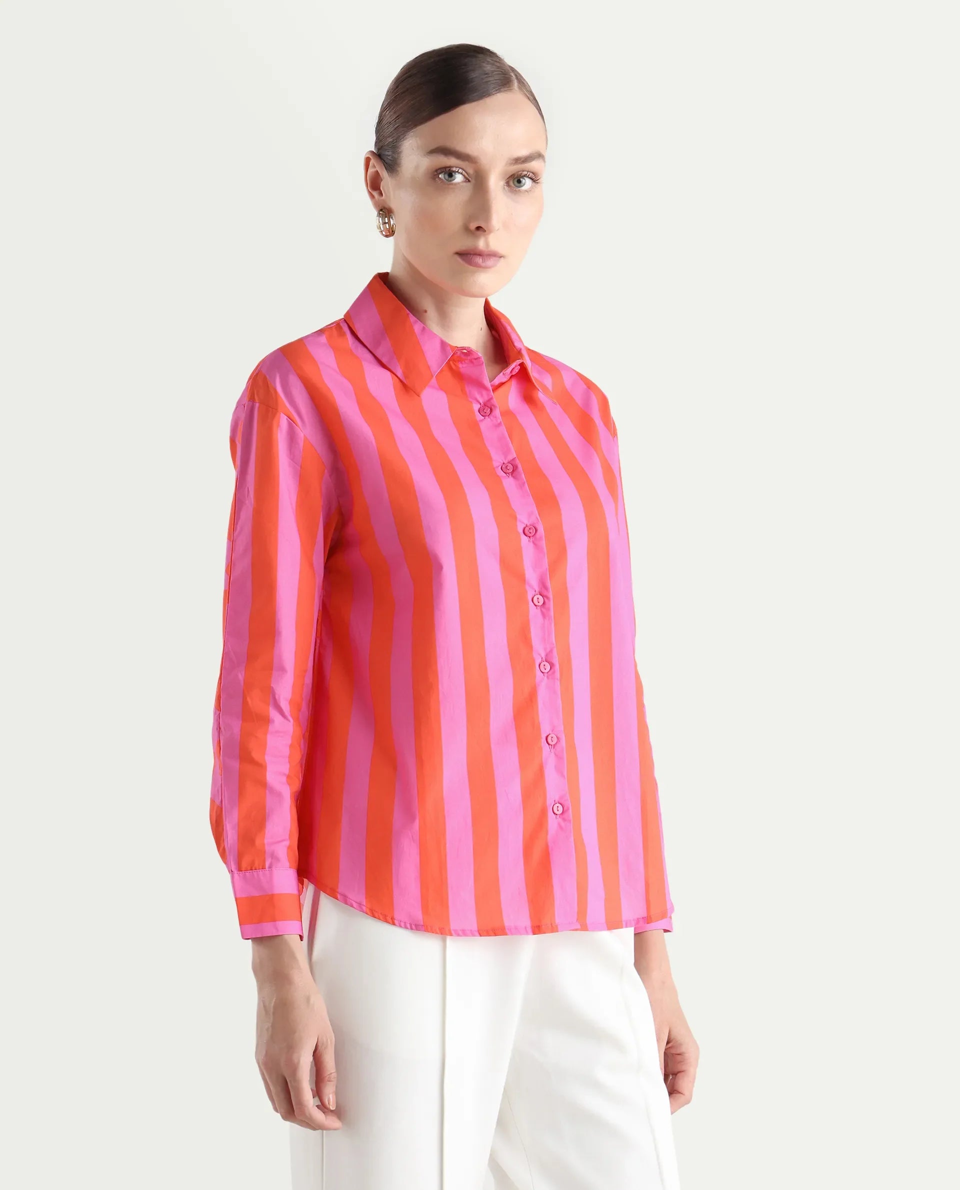 Rareism Women's Xuewr Red Cotton Drop Collar Striped Cuffed Sleeve Boxy Fit Shirt