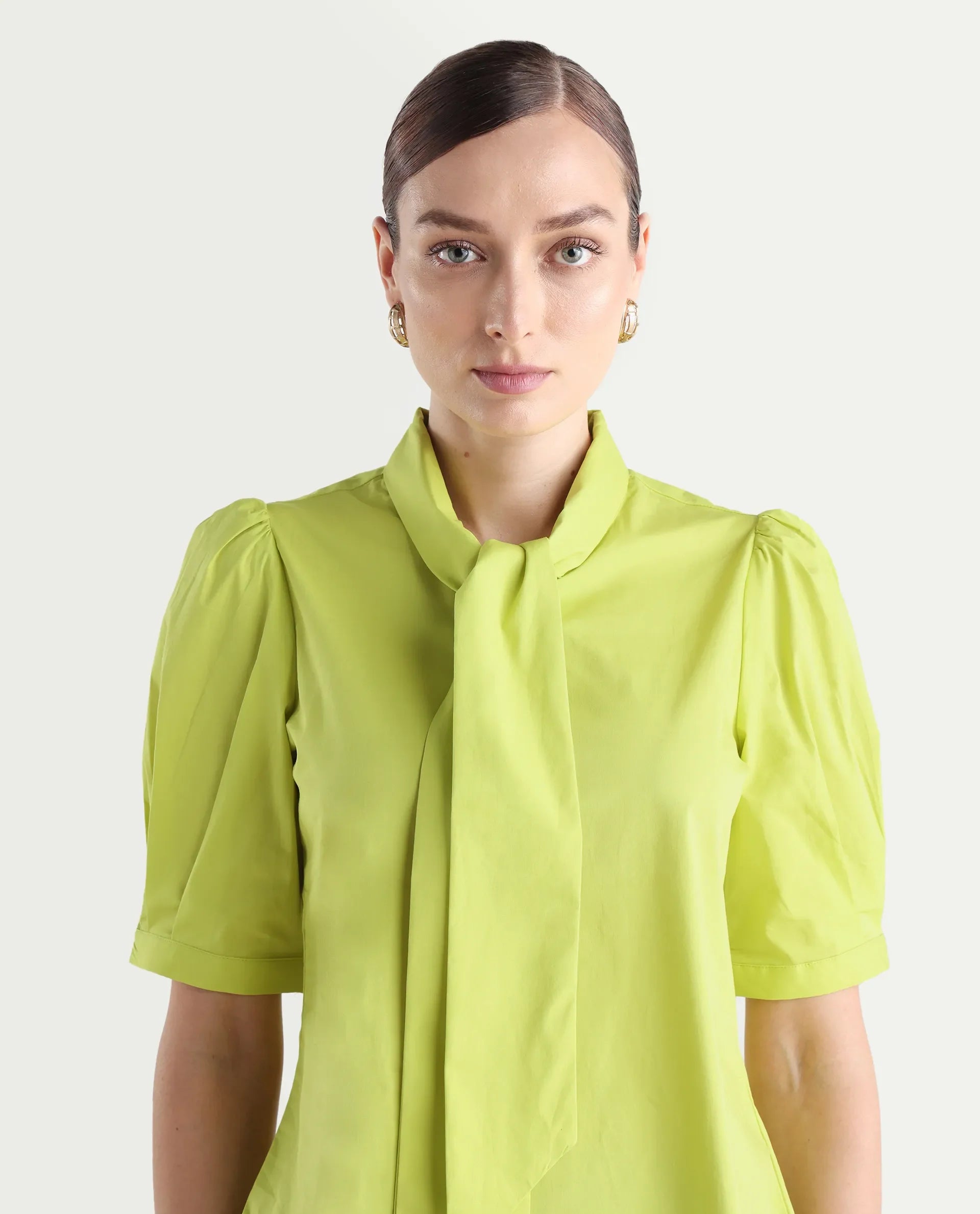 Rareism Women's Kirv Green Cotton Blend Tie-Up Neck Plain Bishop Sleeve Regular Fit Top