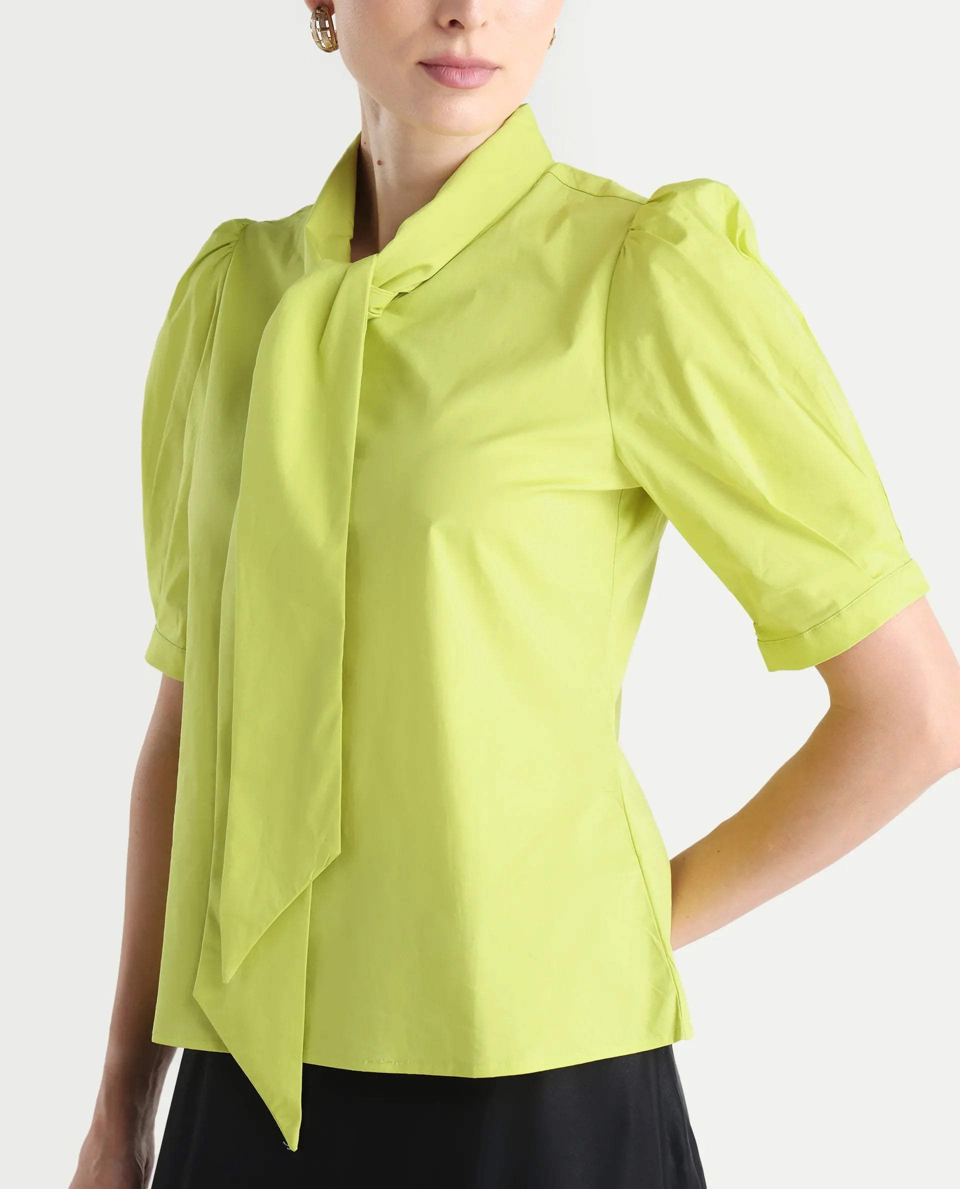 Rareism Women's Kirv Green Cotton Blend Tie-Up Neck Plain Bishop Sleeve Regular Fit Top