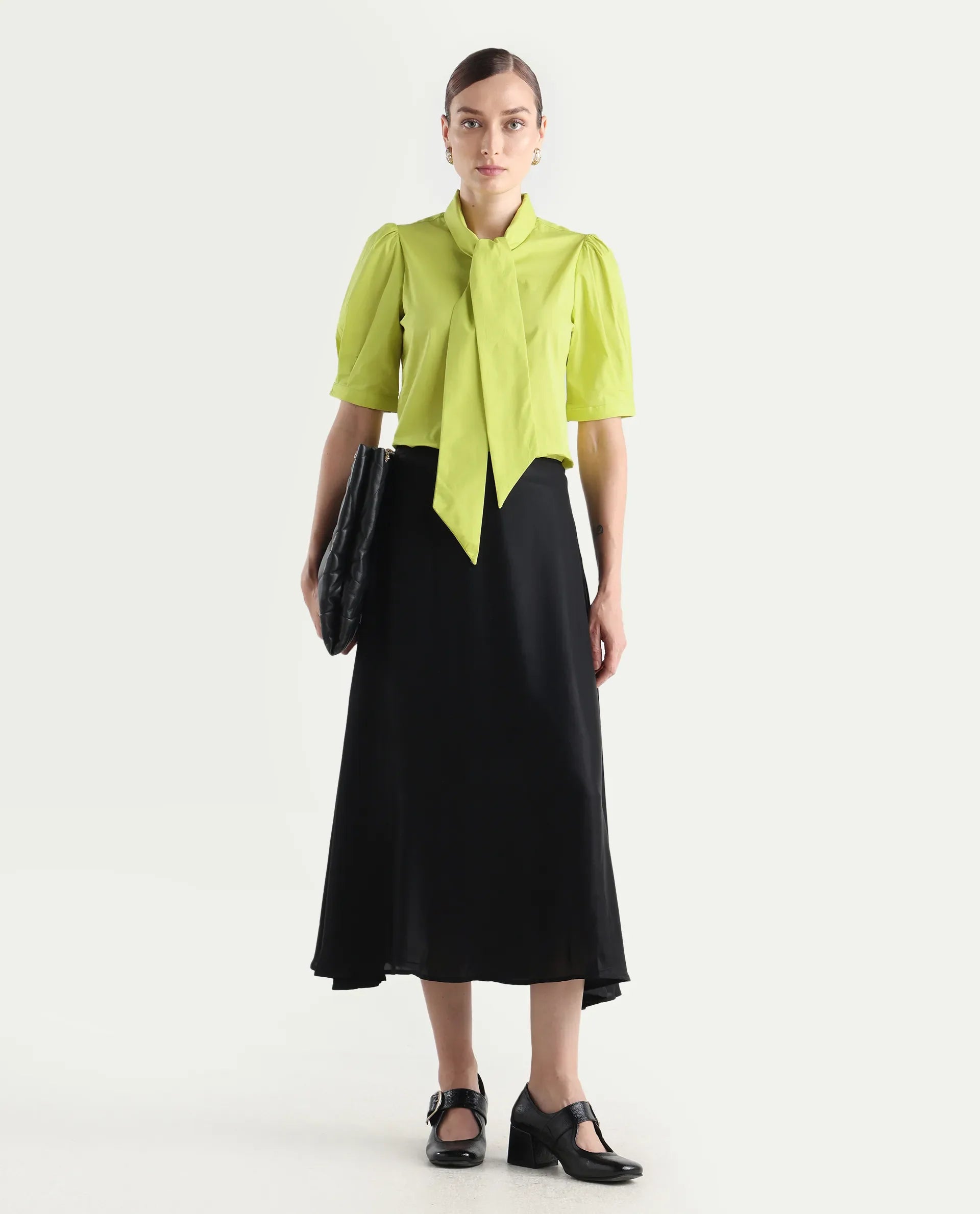 Rareism Women's Kirv Green Cotton Blend Tie-Up Neck Plain Bishop Sleeve Regular Fit Top