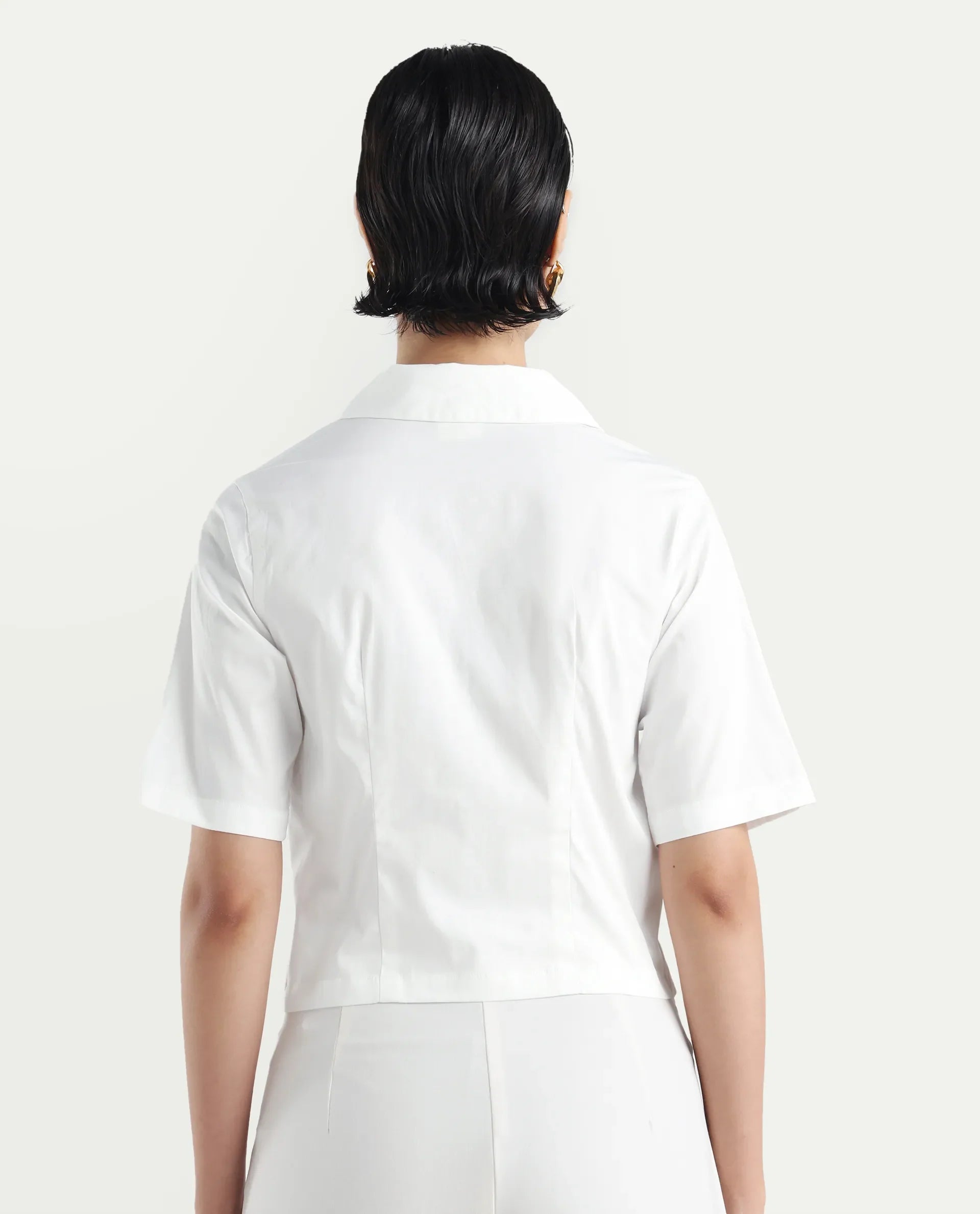 Rareism Women's Seui White Cotton Blend Lapel Neck Plain Crop Boxy Fit Top