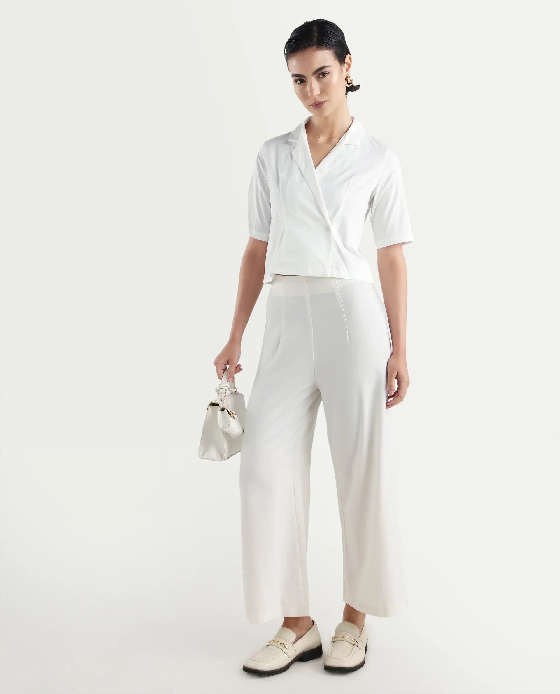 Rareism Women's Seui White Cotton Blend Lapel Neck Plain Crop Boxy Fit Top