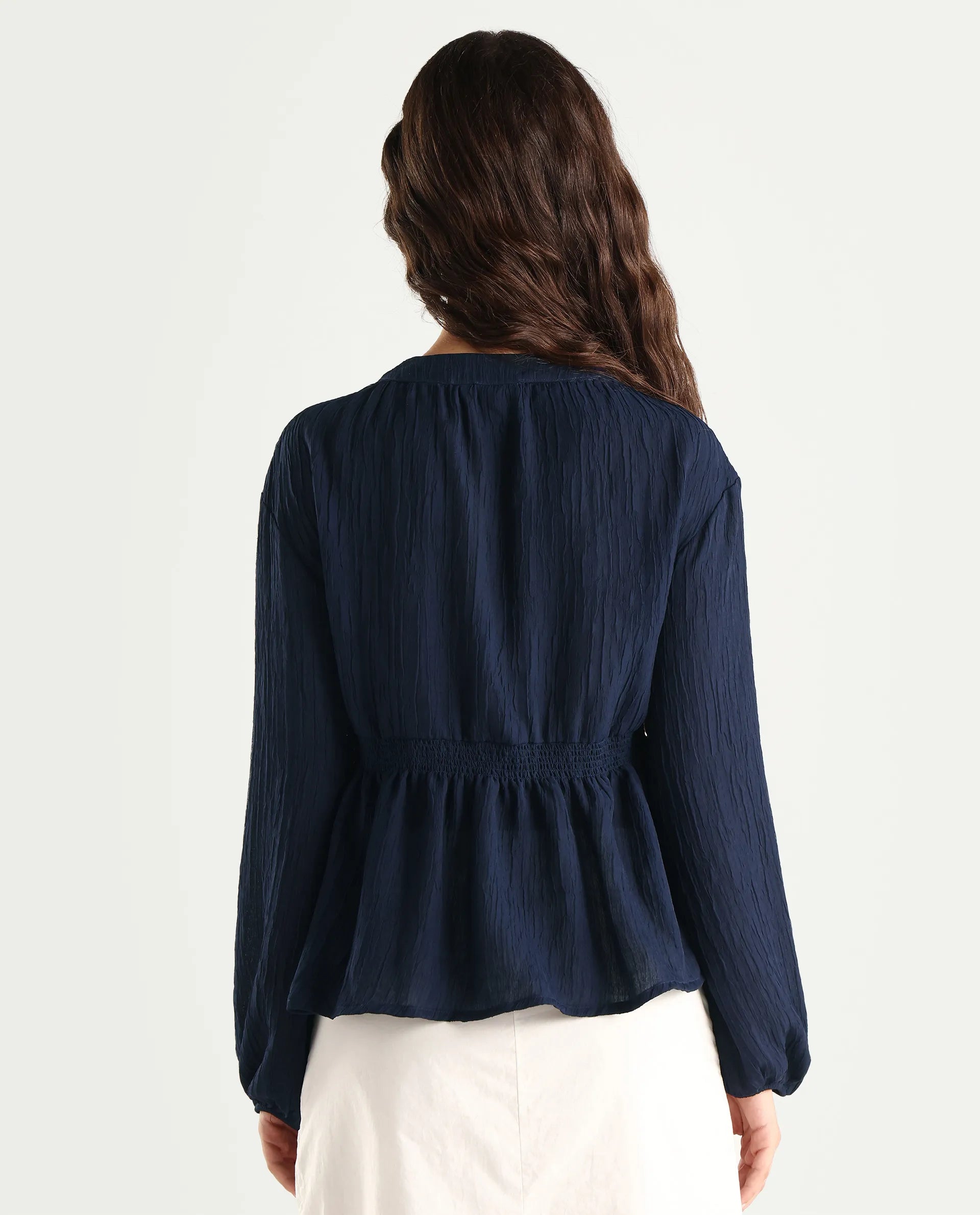 Rareism Women's Lille Navy Polyester Blend Round Neck Plain Bishop Sleeve Boxy Fit Top