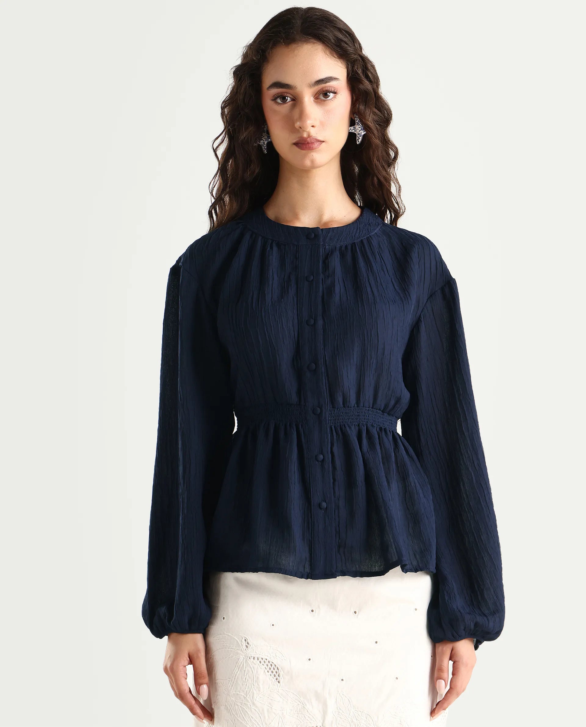 Rareism Women's Lille Navy Polyester Blend Round Neck Plain Bishop Sleeve Boxy Fit Top