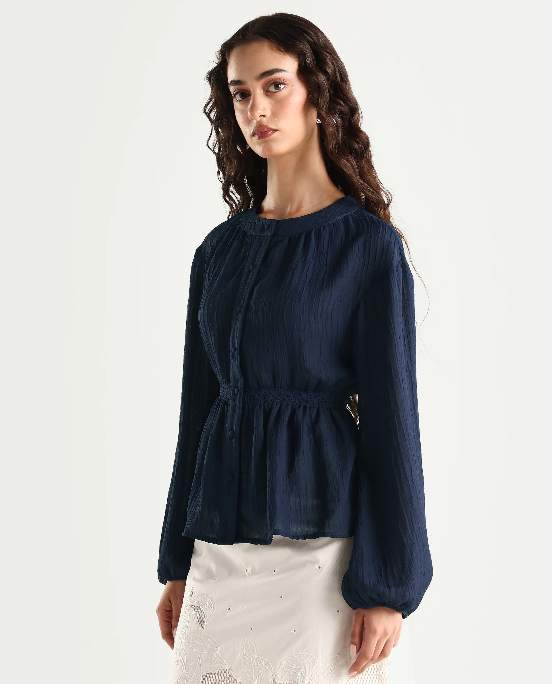 Rareism Women's Lille Navy Polyester Blend Round Neck Plain Bishop Sleeve Boxy Fit Top