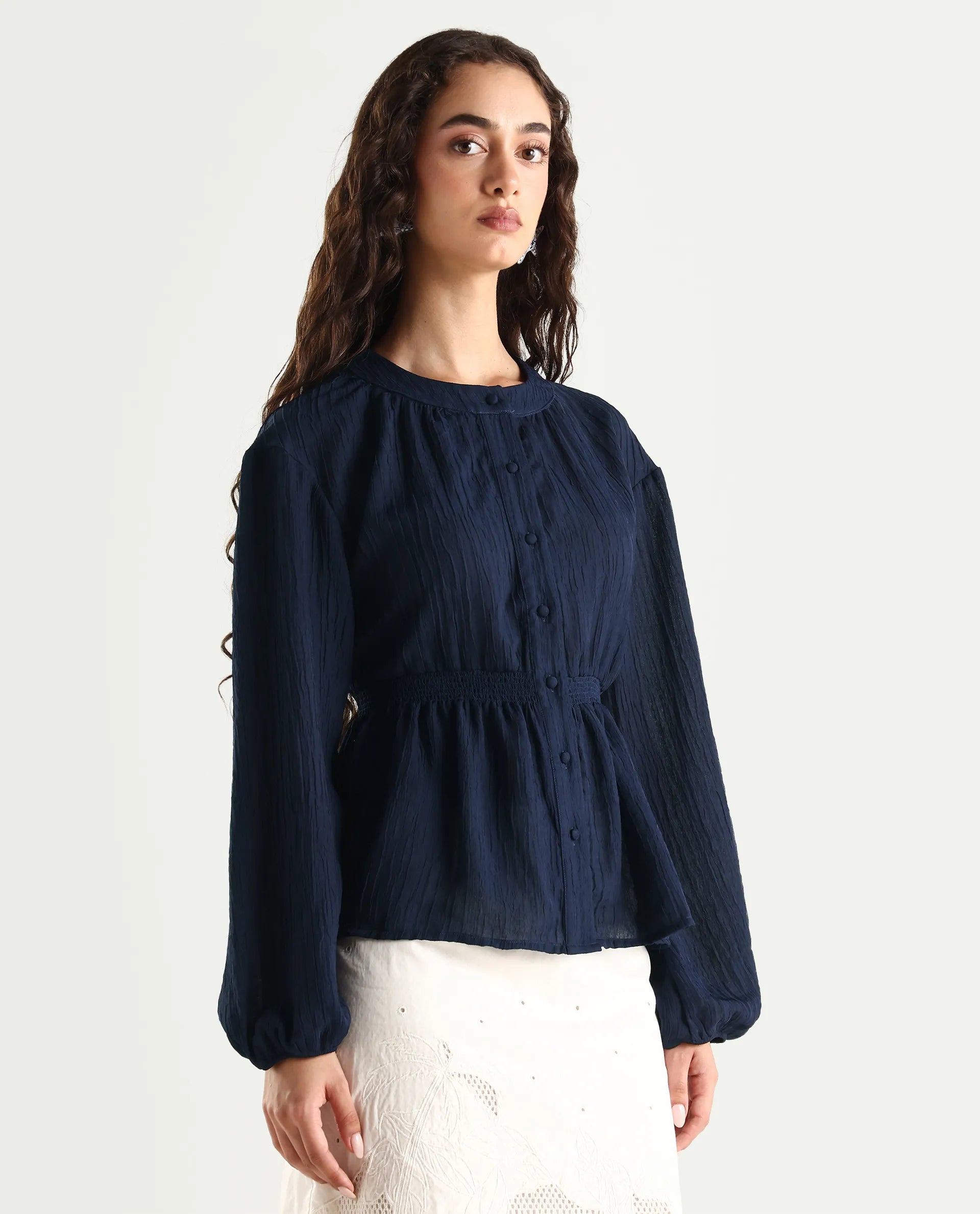 Rareism Women's Lille Navy Polyester Blend Round Neck Plain Bishop Sleeve Boxy Fit Top