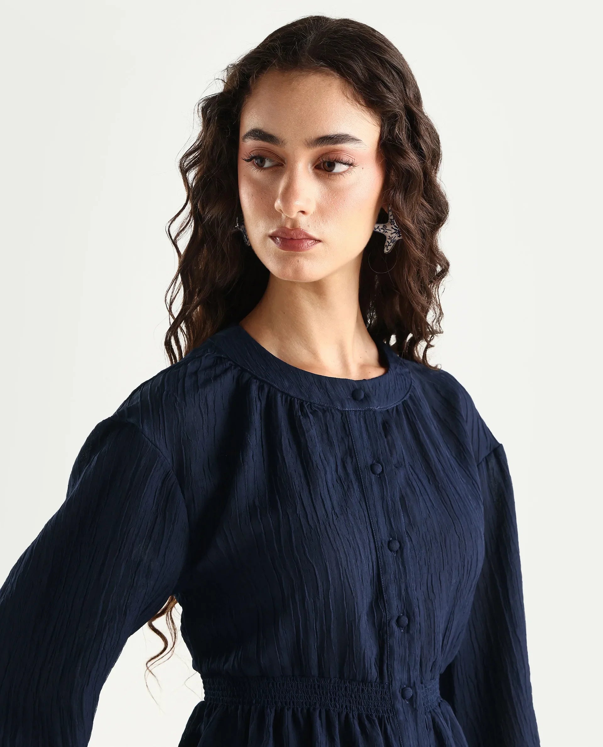 Rareism Women's Lille Navy Polyester Blend Round Neck Plain Bishop Sleeve Boxy Fit Top