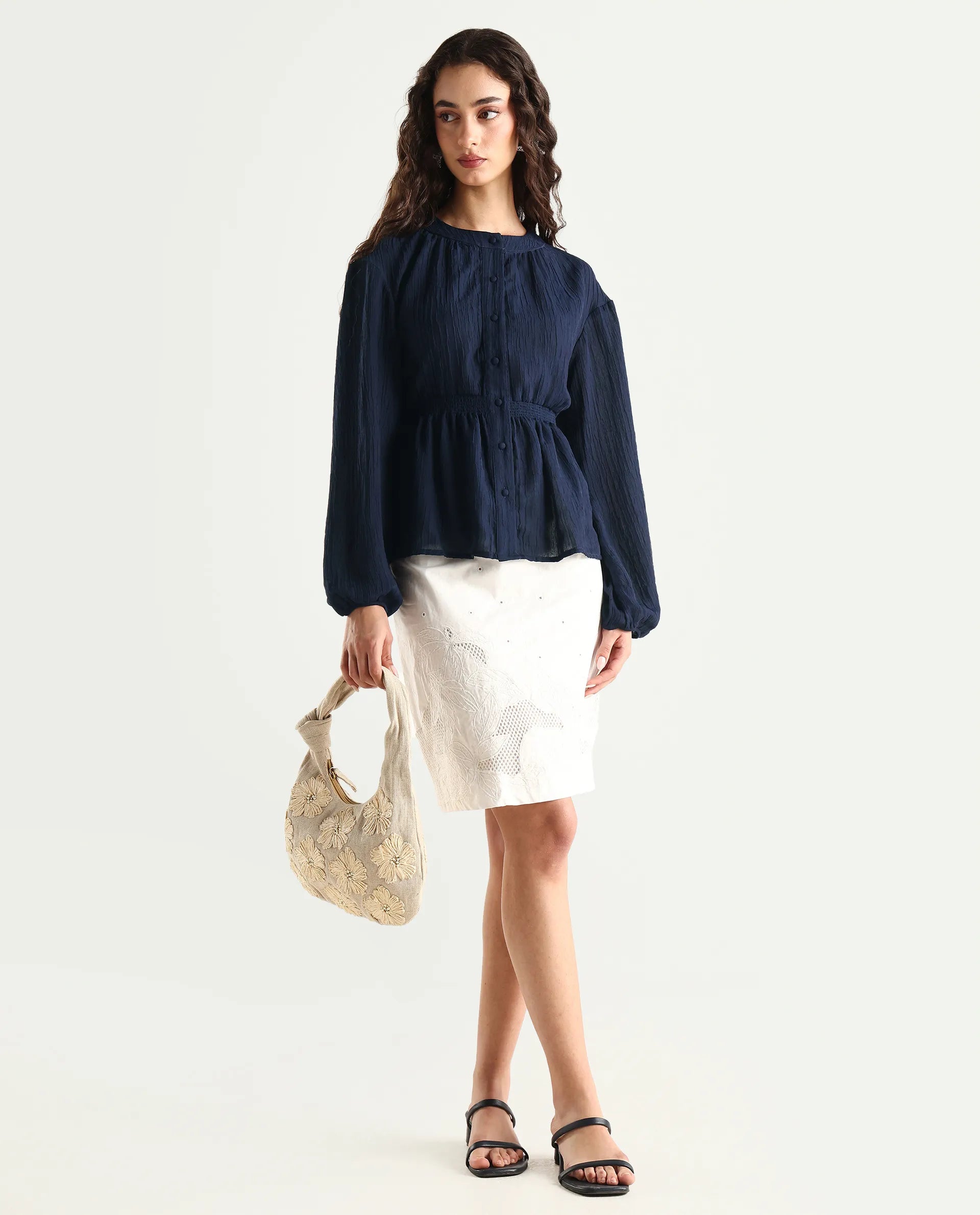 Rareism Women's Lille Navy Polyester Blend Round Neck Plain Bishop Sleeve Boxy Fit Top
