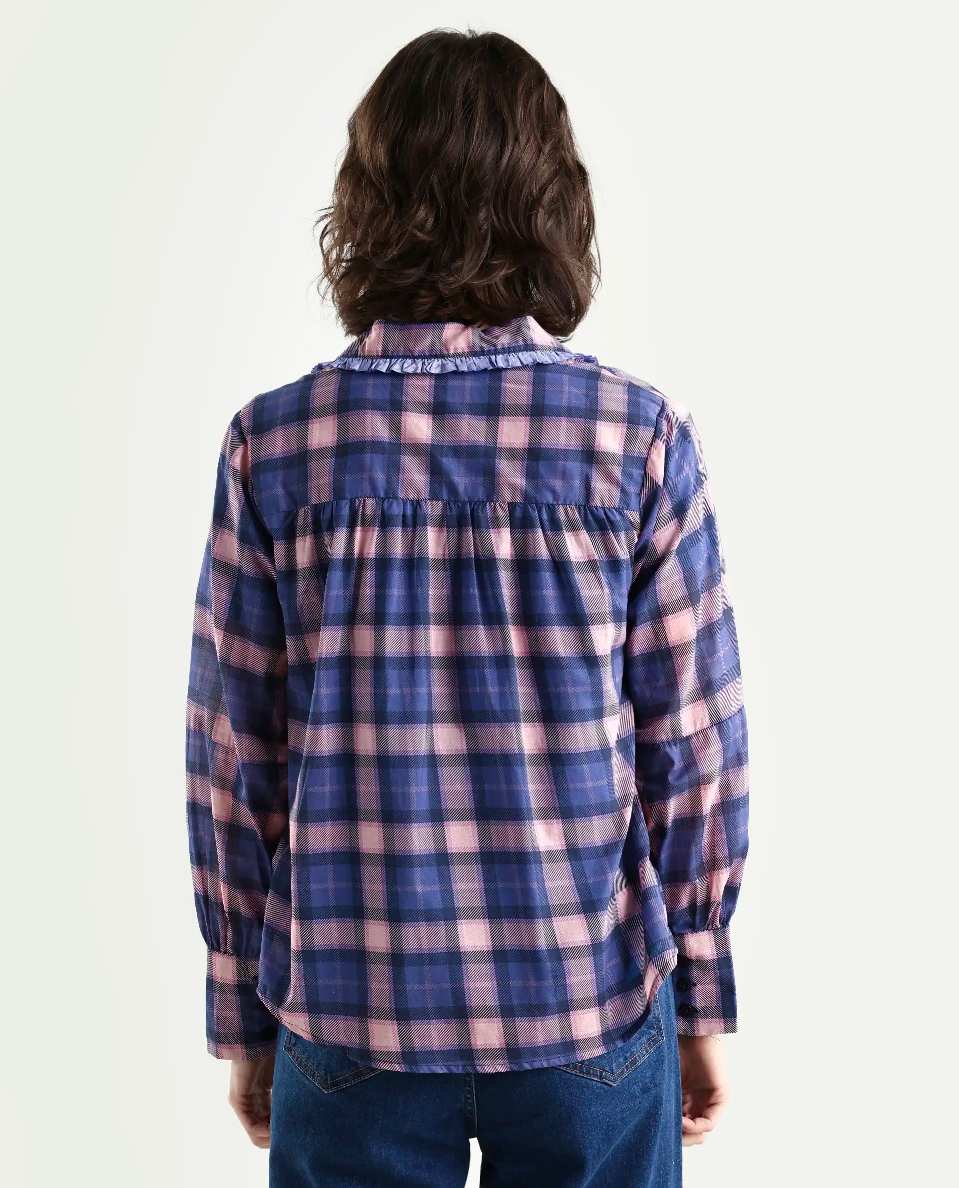 Rareism Women's Shellbuto Purple Cotton Chelea Collar Flannel Print Volume Sleeve Relaxed Fit Top