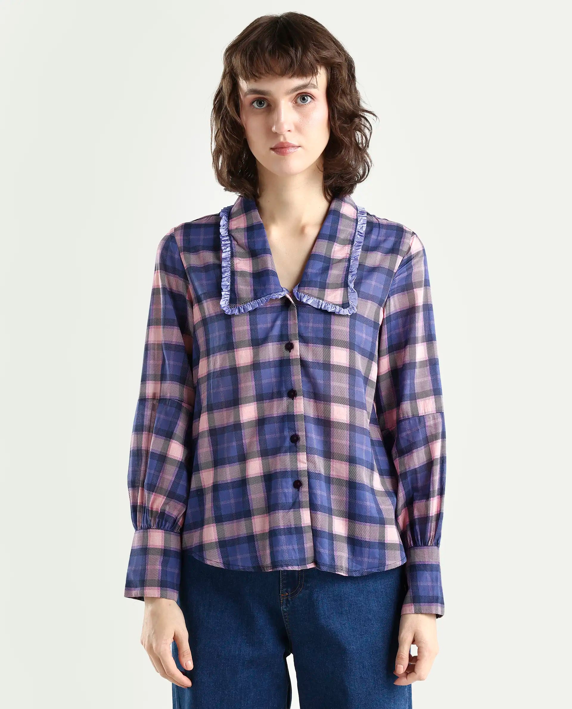 Rareism Women's Shellbuto Purple Cotton Chelea Collar Flannel Print Volume Sleeve Relaxed Fit Top