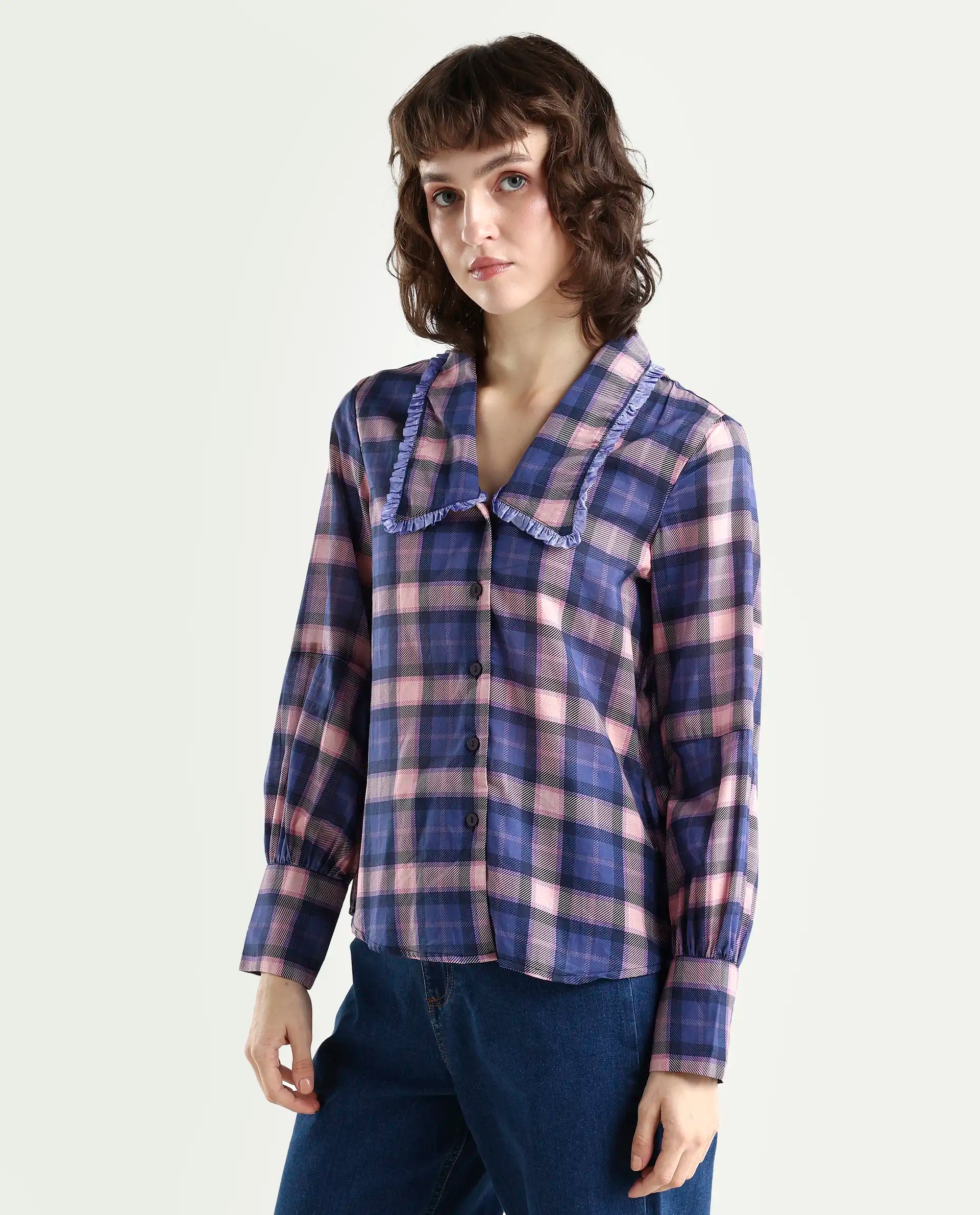 Rareism Women's Shellbuto Purple Cotton Chelea Collar Flannel Print Volume Sleeve Relaxed Fit Top