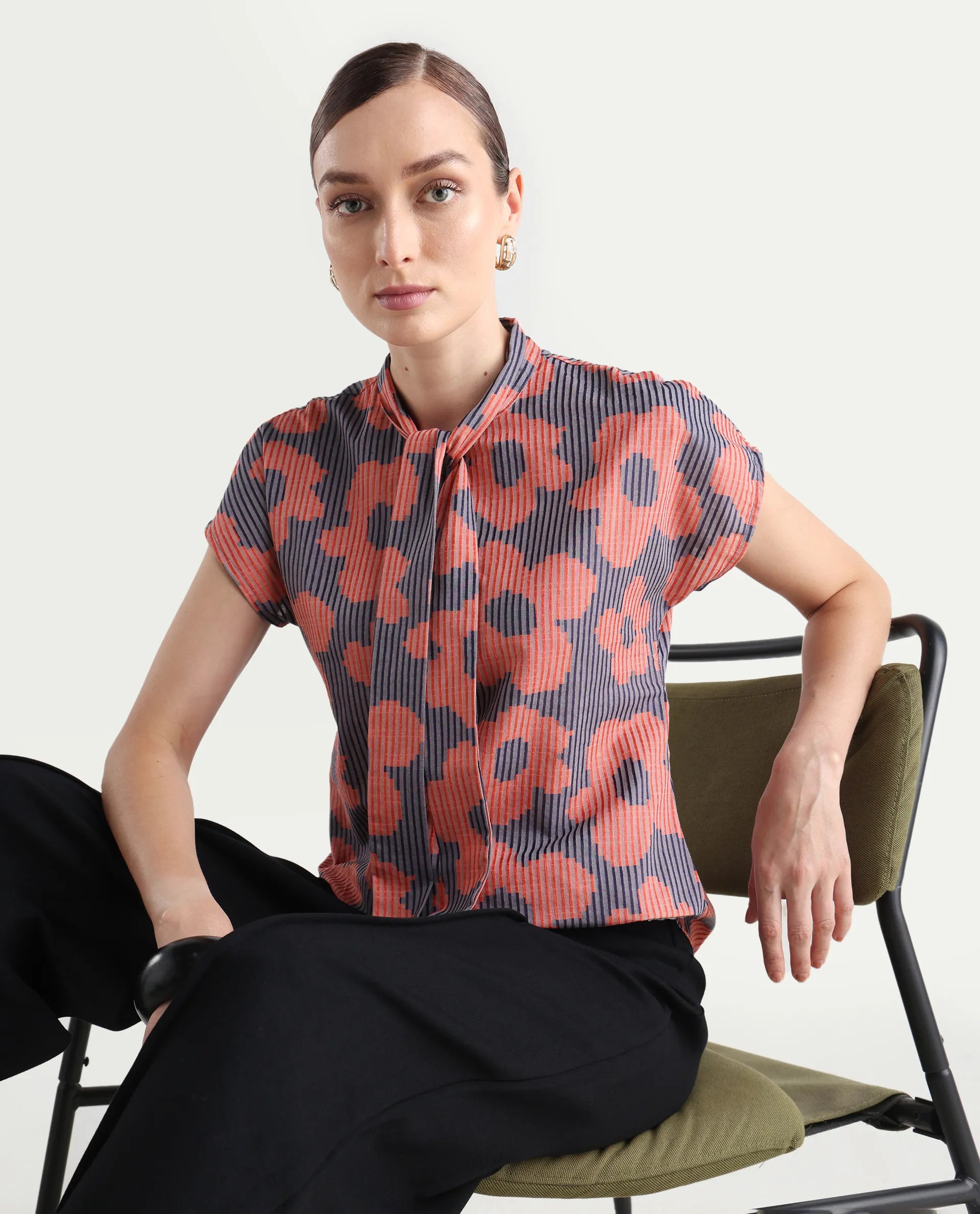 Rareism Women's Ioplom Purple Polyester Blend Tie-Up Neck Flannel Print Extended Sleeves Regular Fit Top