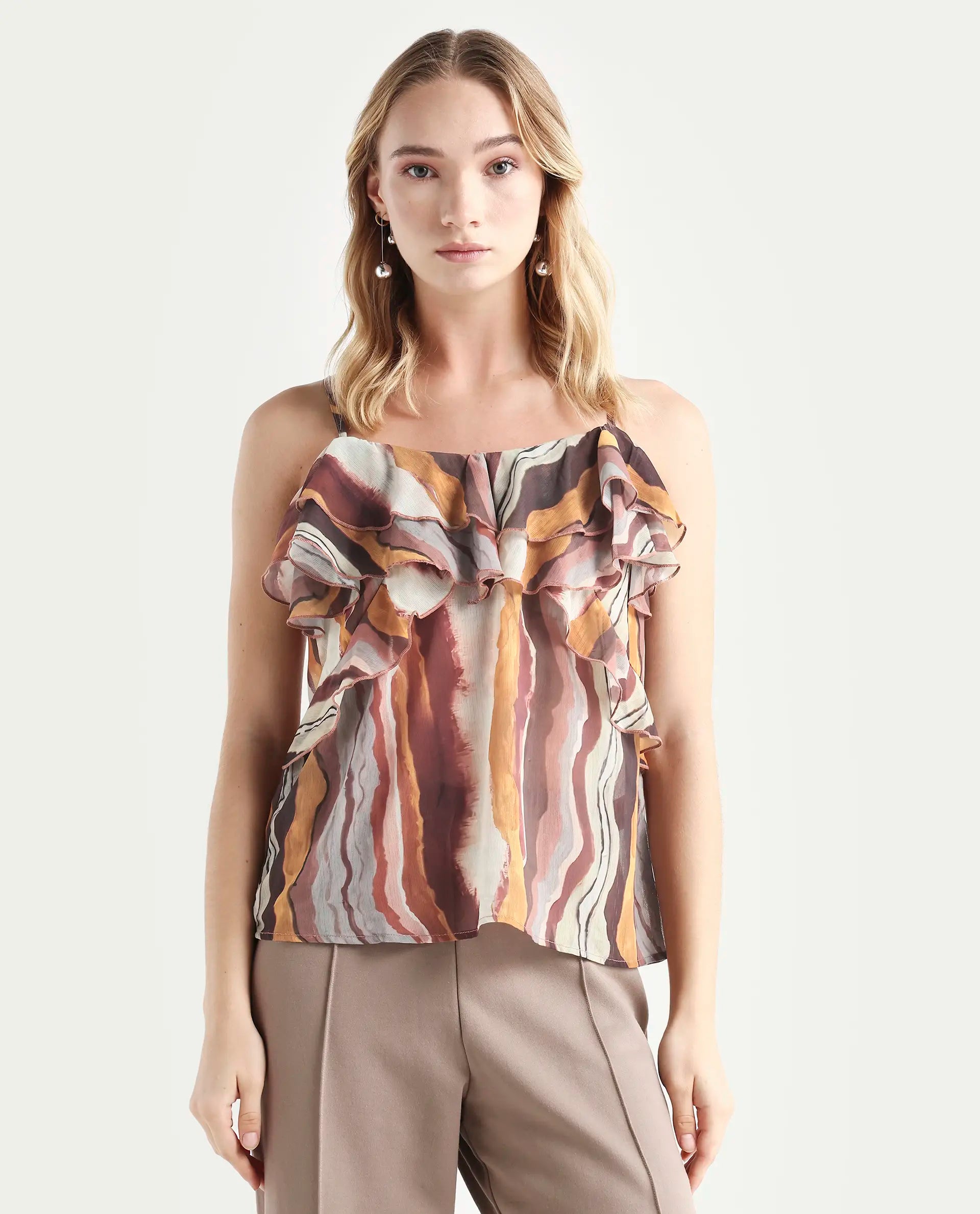 Rareism Women's Molp Multi Polyester V-Neck Abstract Print Sleeveless Regular Fit Top