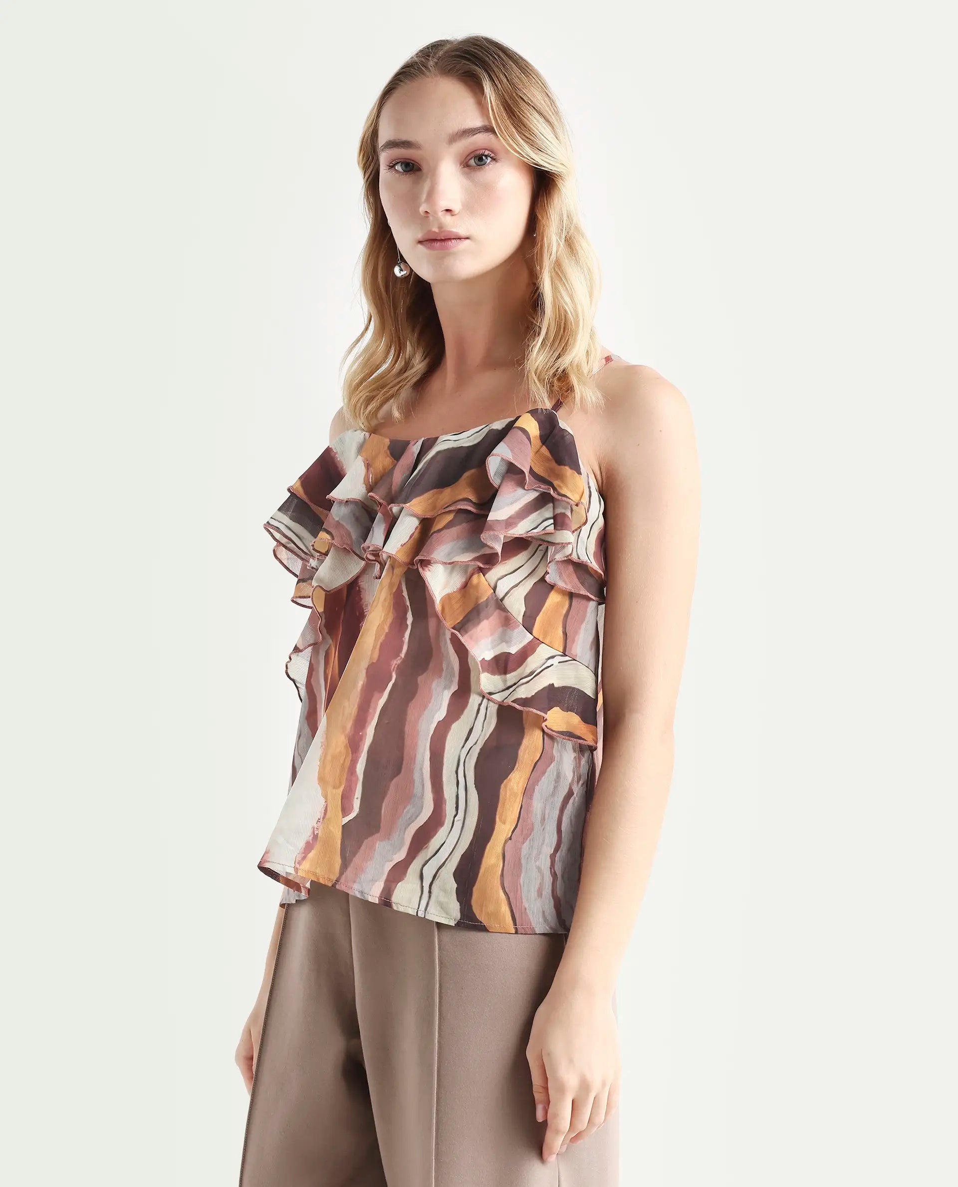 Rareism Women's Molp Multi Polyester V-Neck Abstract Print Sleeveless Regular Fit Top