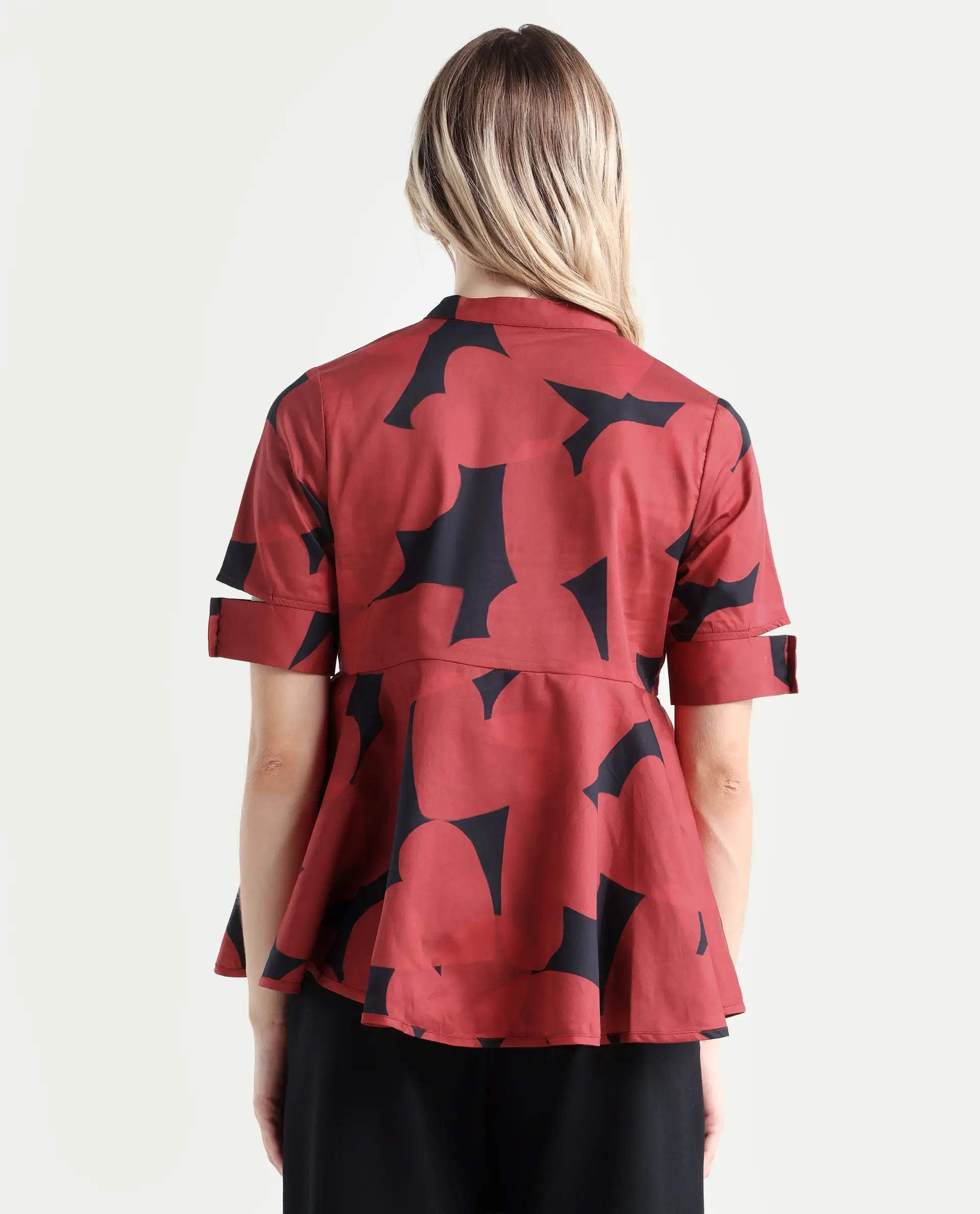 Rareism Women's Yoplopi Black Cotton Blend Lapel Neck Abstract Print Cutout Sleeve A-Line Top