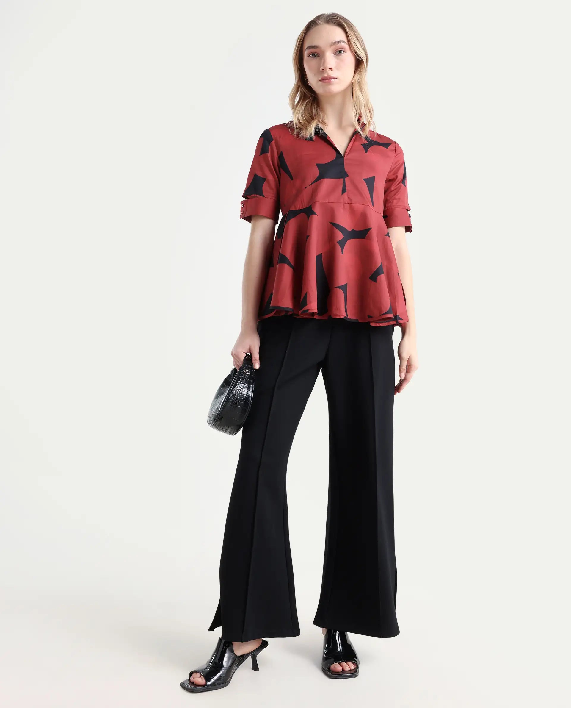 Rareism Women's Yoplopi Black Cotton Blend Lapel Neck Abstract Print Cutout Sleeve A-Line Top