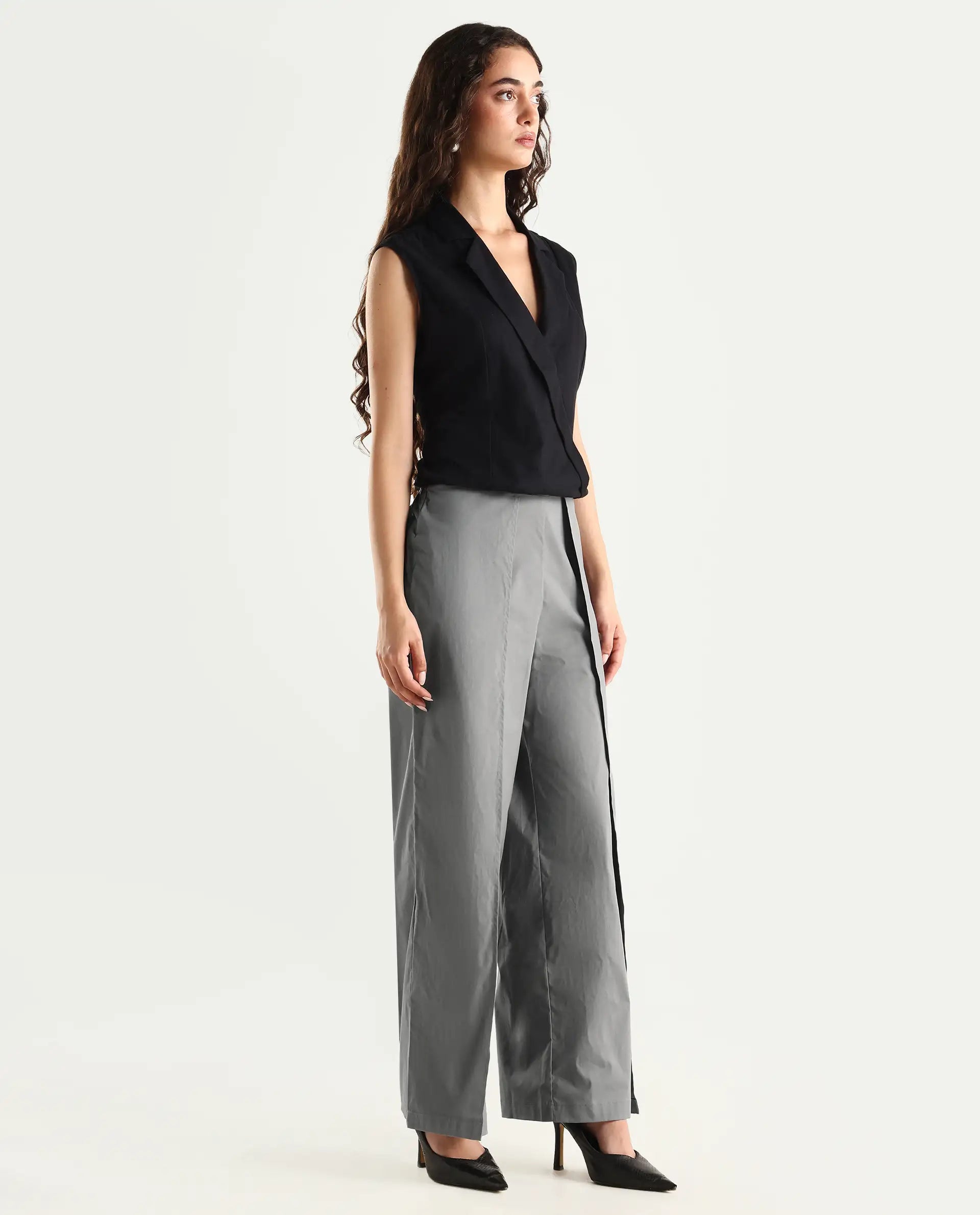 Rareism Women's Oipi Grey Cotton Blend Plain Ankle Length Wide Trouser
