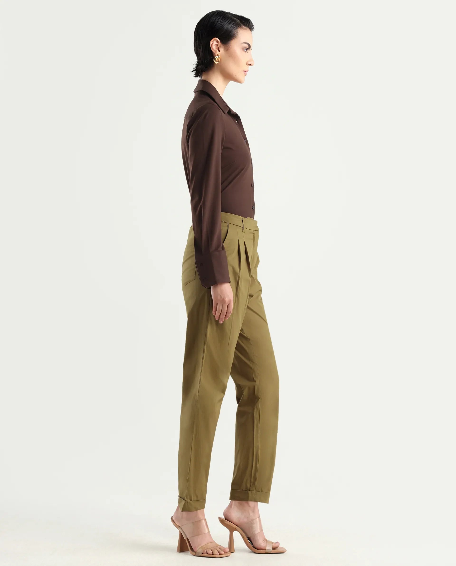 Rareism Women's Ruvz Olive Cotton Blend Plain Ankle Length Straight Fit Trouser