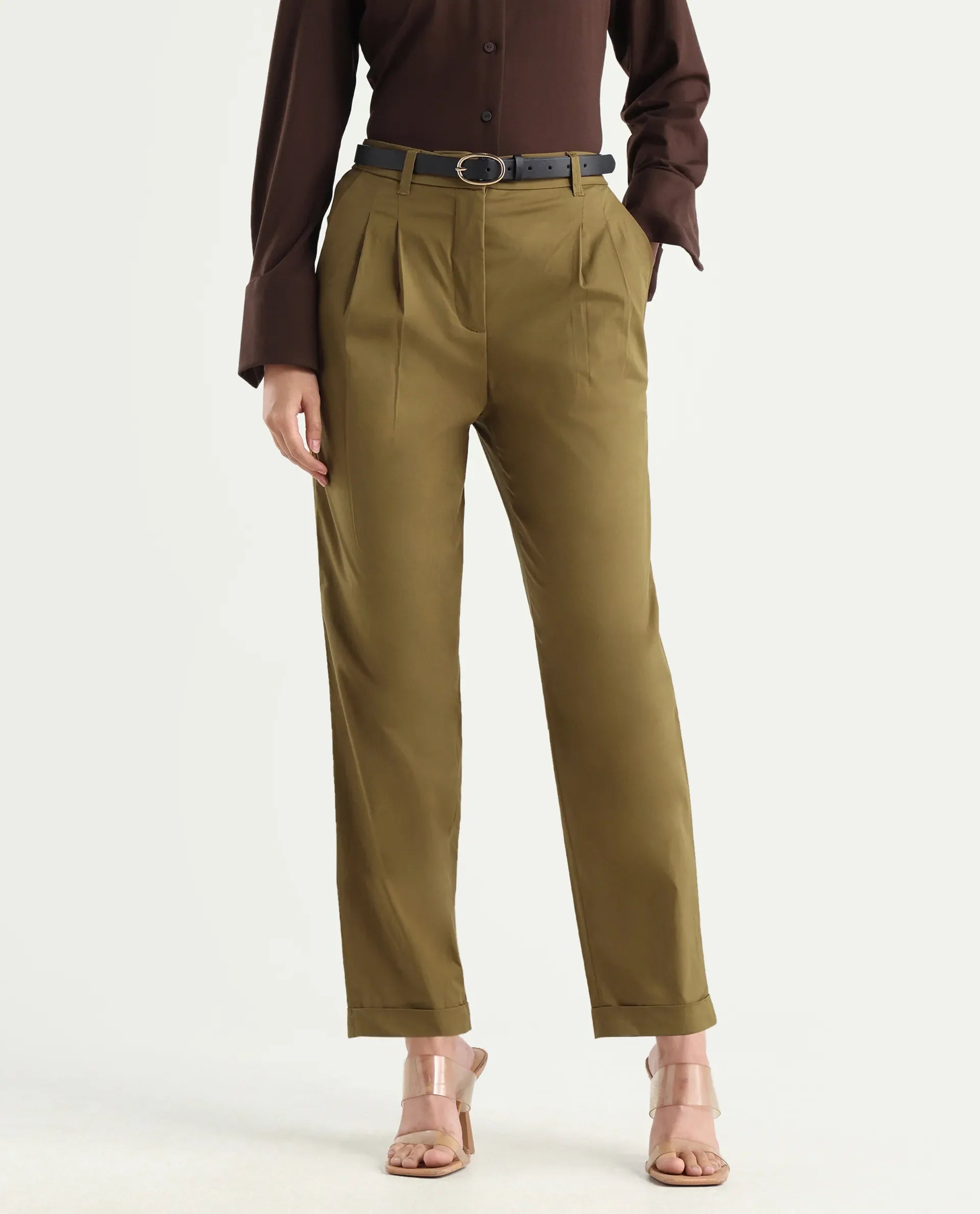Rareism Women's Ruvz Olive Cotton Blend Plain Ankle Length Straight Fit Trouser