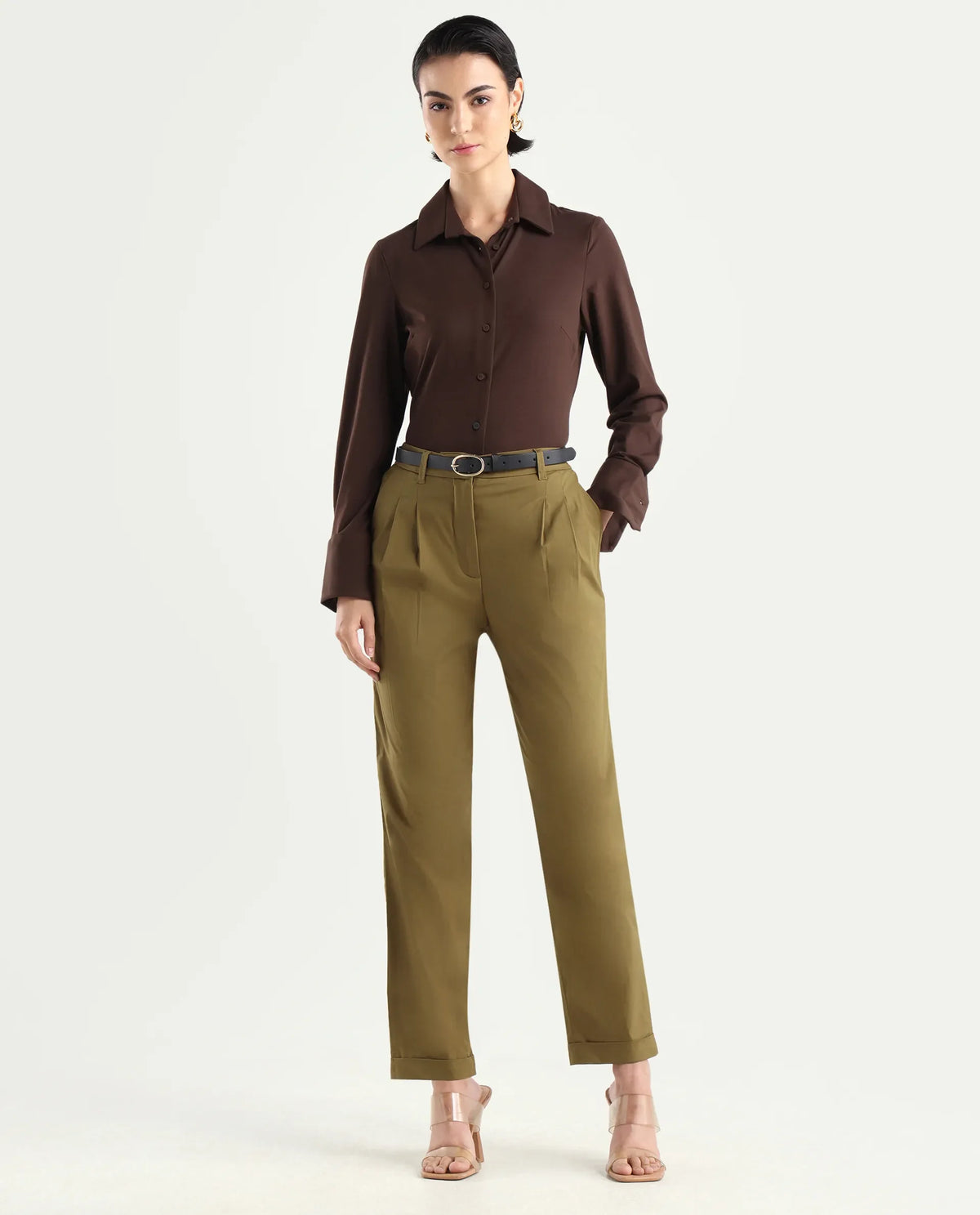 Rareism Women's Ruvz Olive Cotton Blend Plain Ankle Length Straight Fit Trouser