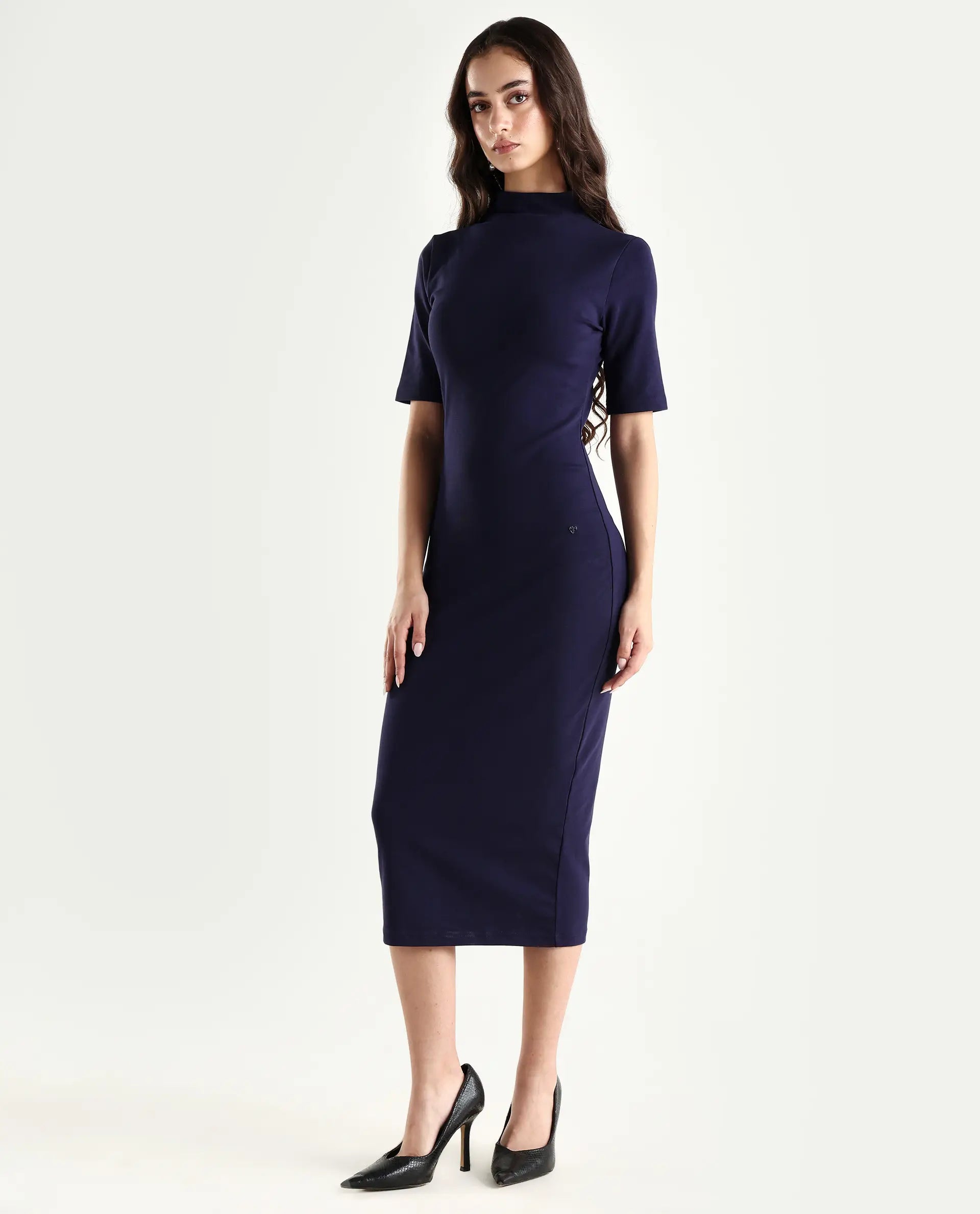 Rareism Women's Rotary Dusky Purple Cotton Blend High Neck Plain Maxi Slim Fit Dress
