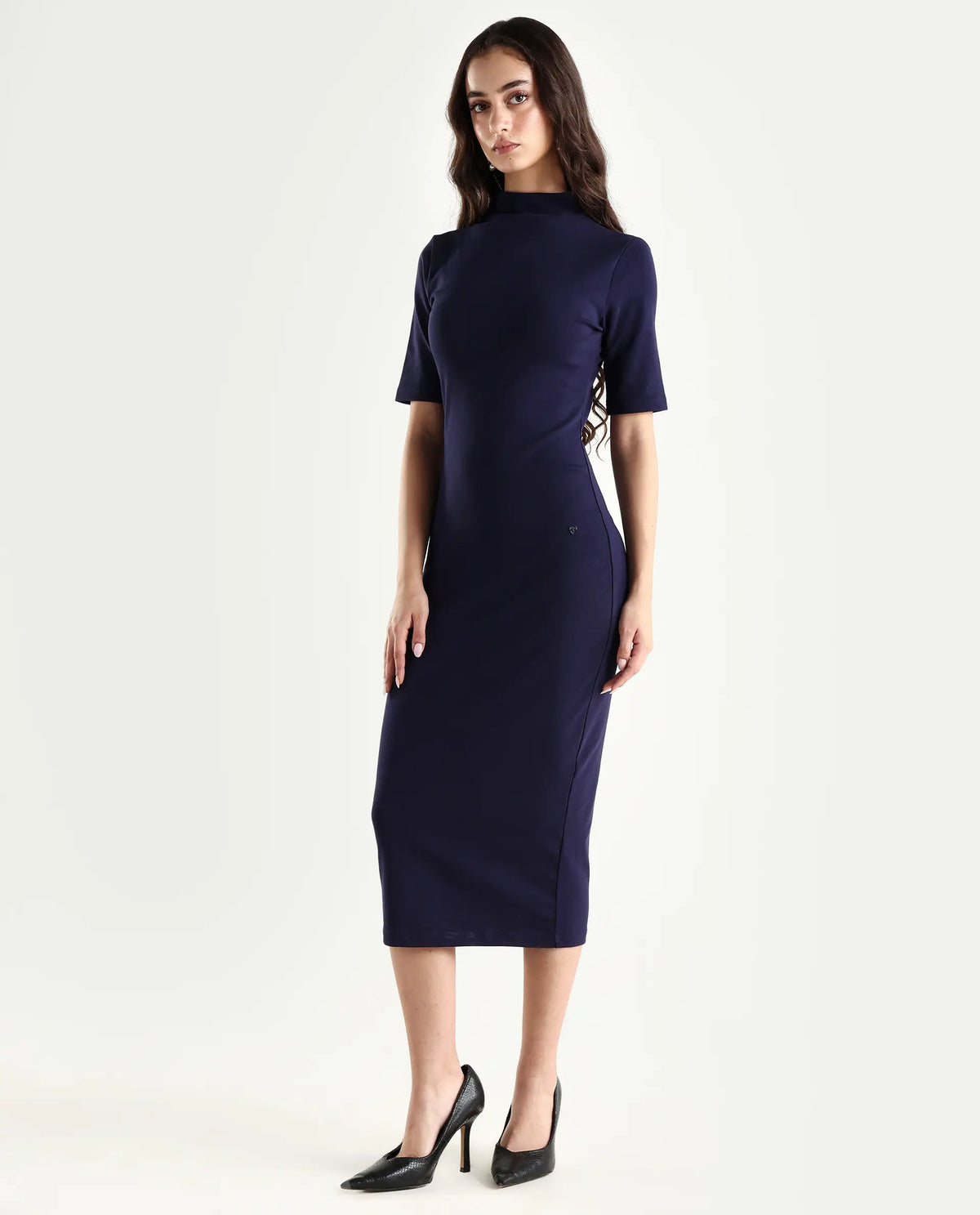 Rareism Women's Rotary Dusky Purple Cotton Blend High Neck Plain Maxi Slim Fit Dress