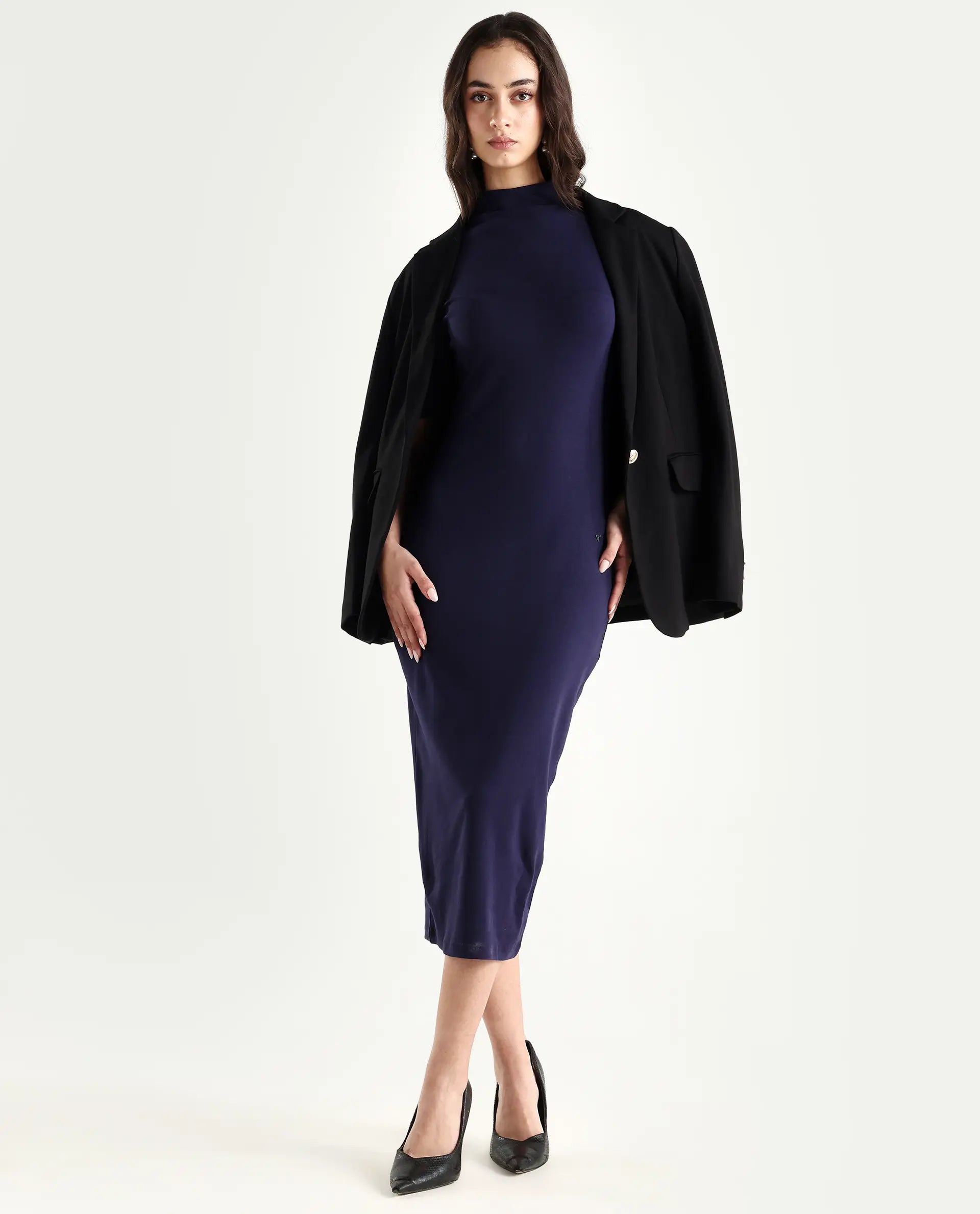 Rareism Women's Rotary Dusky Purple Cotton Blend High Neck Plain Maxi Slim Fit Dress