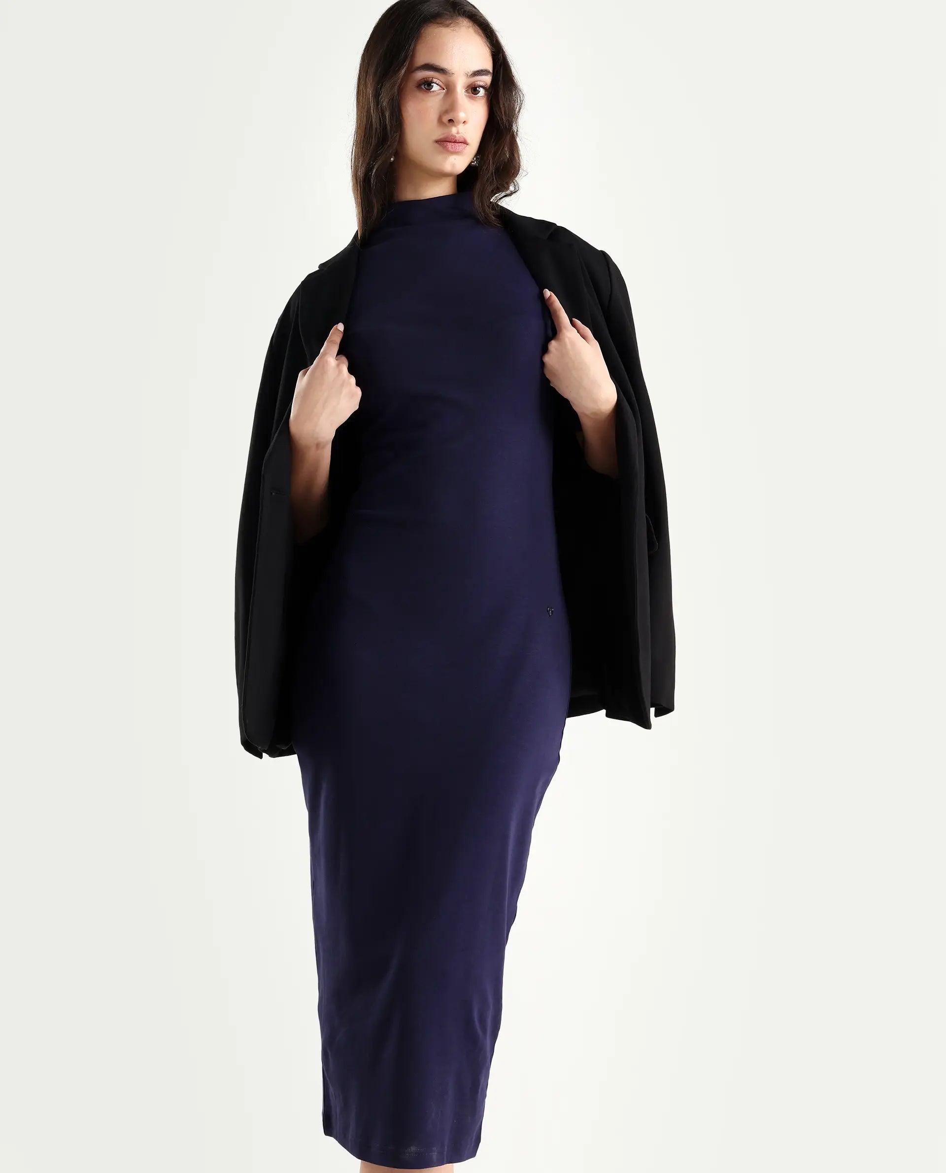 Rareism Women's Rotary Dusky Purple Cotton Blend High Neck Plain Maxi Slim Fit Dress