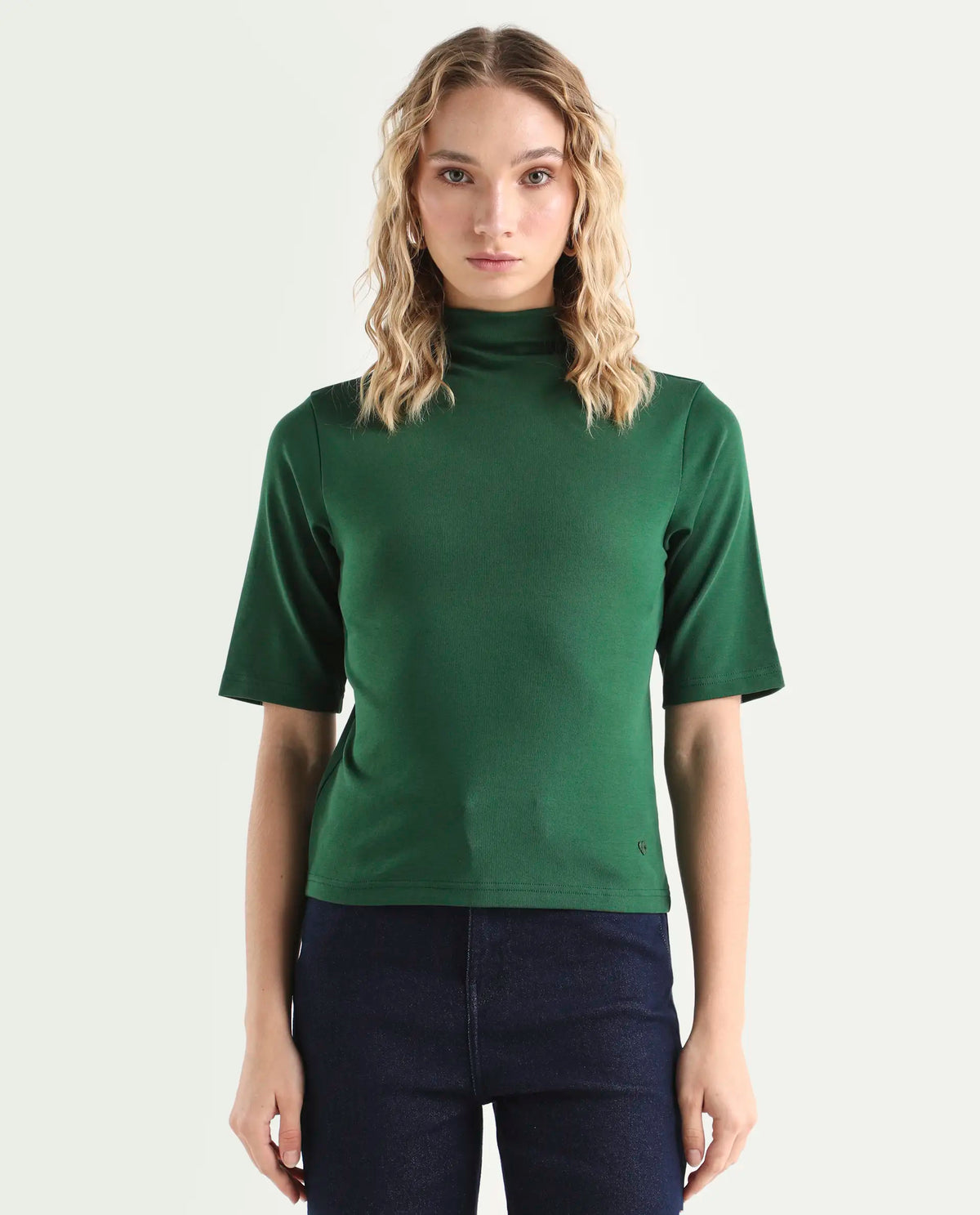 Rareism Women's Rohdrio Dark Green Cotton Blend High Neck Plain Regular Fit Top
