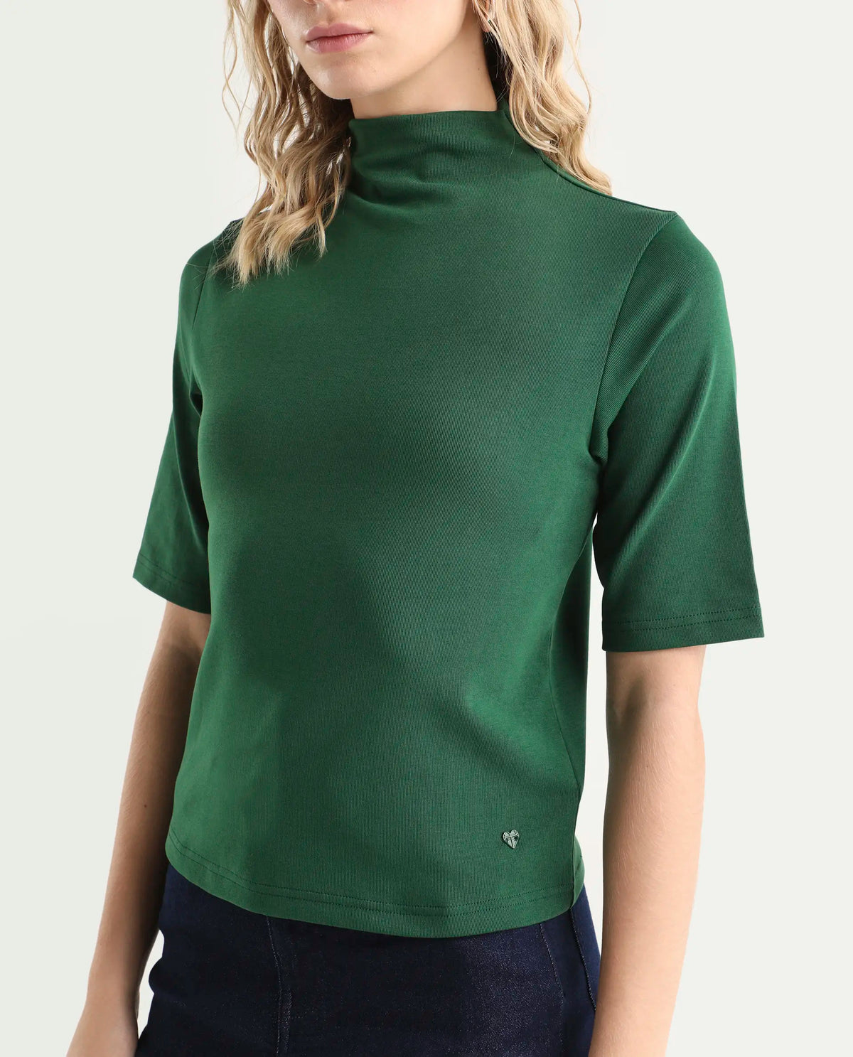 Rareism Women's Rohdrio Dark Green Cotton Blend High Neck Plain Regular Fit Top