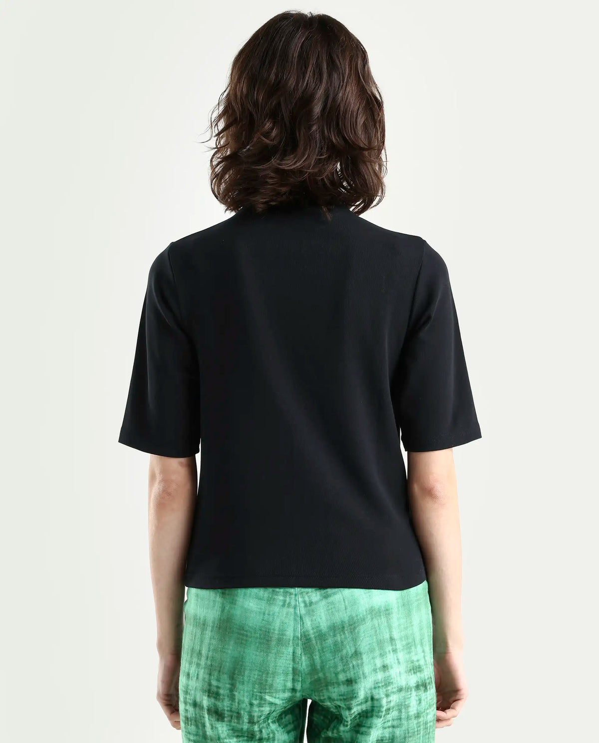 Rareism Women's Rohdrio Black Cotton Blend High Neck Plain Regular Fit Top