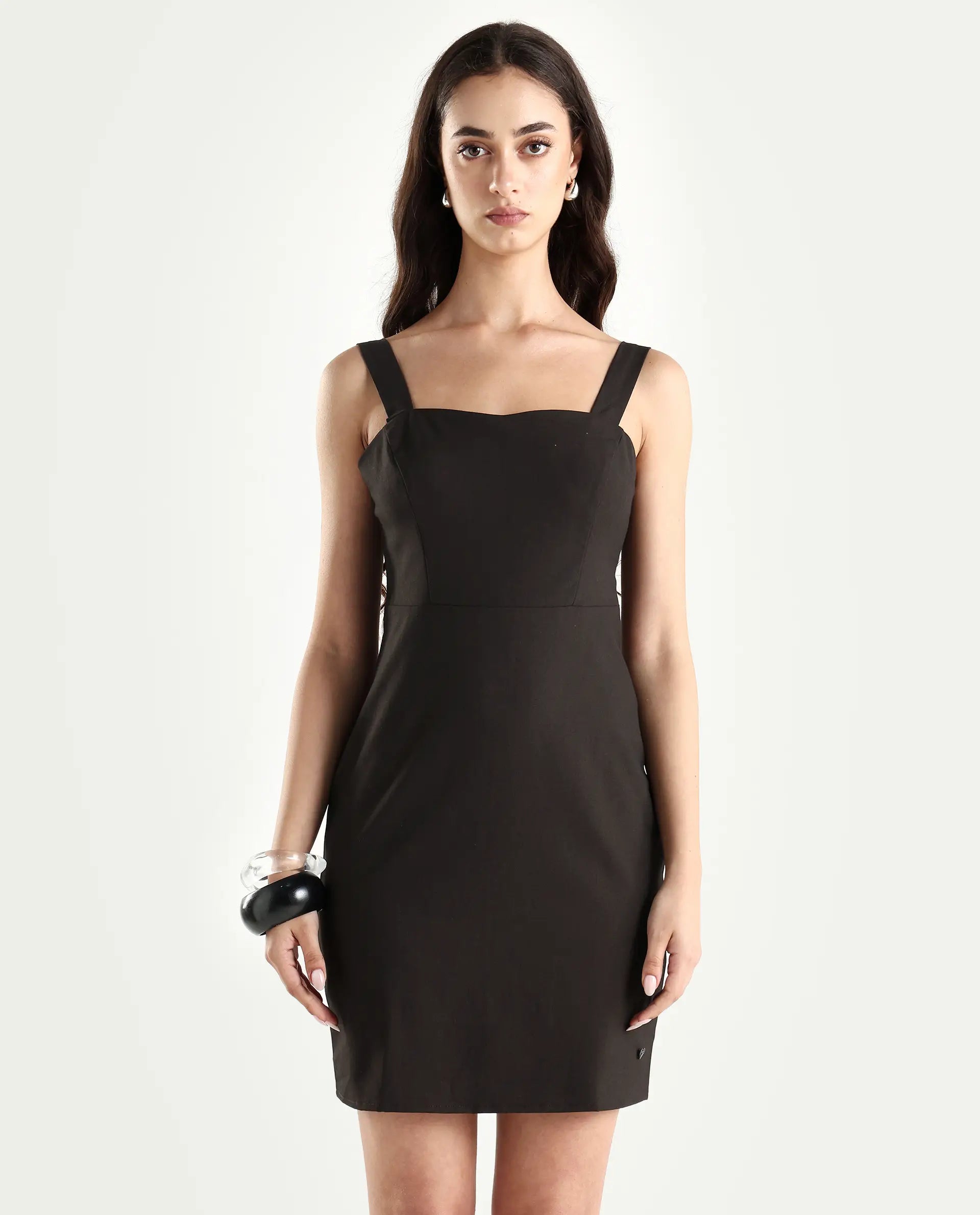 Rareism Women's Canakkale Brown Polyester Blend Sweetheart Neck Plain Sleeveless Mini Straight Fit Dress