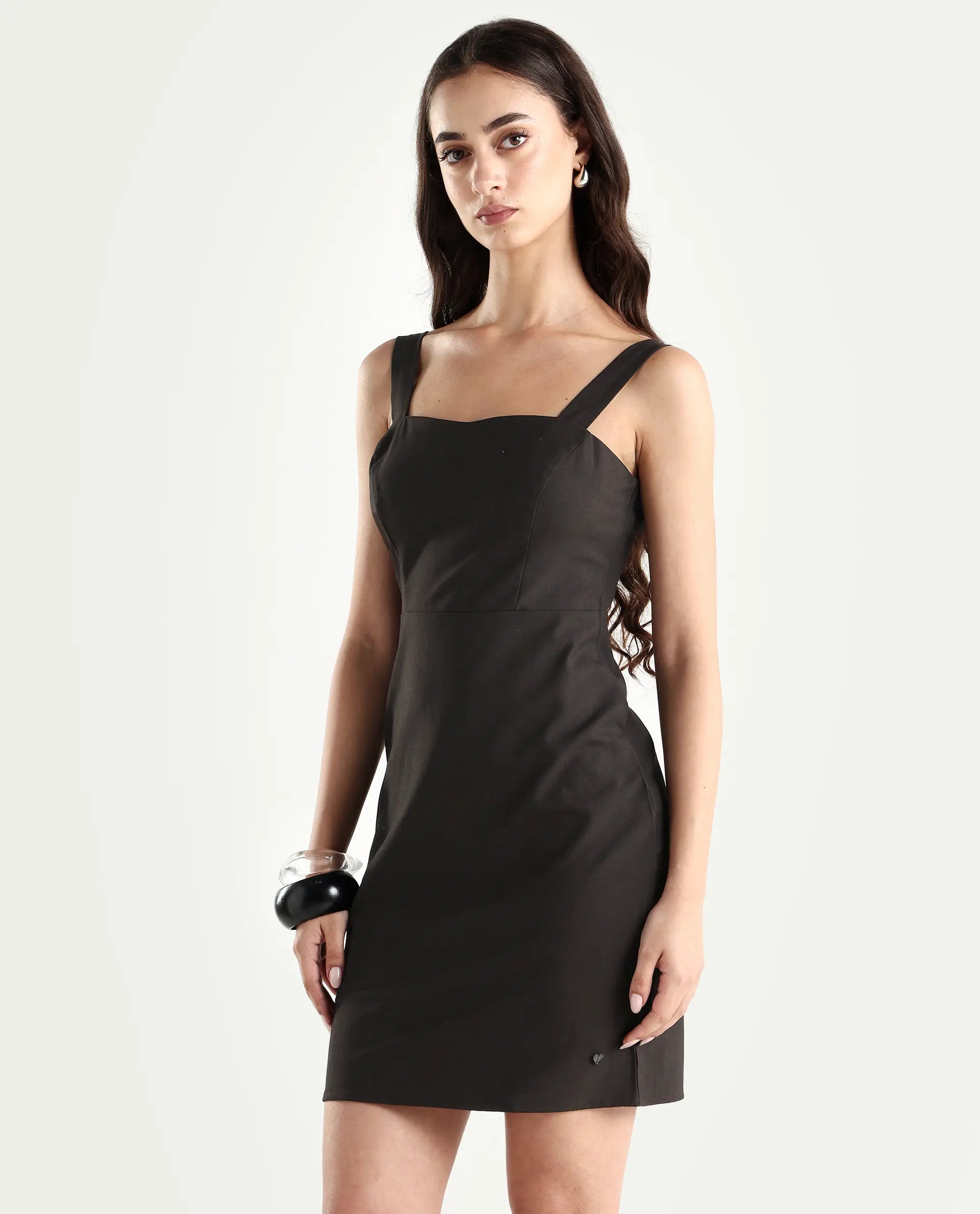 Rareism Women's Canakkale Brown Polyester Blend Sweetheart Neck Plain Sleeveless Mini Straight Fit Dress