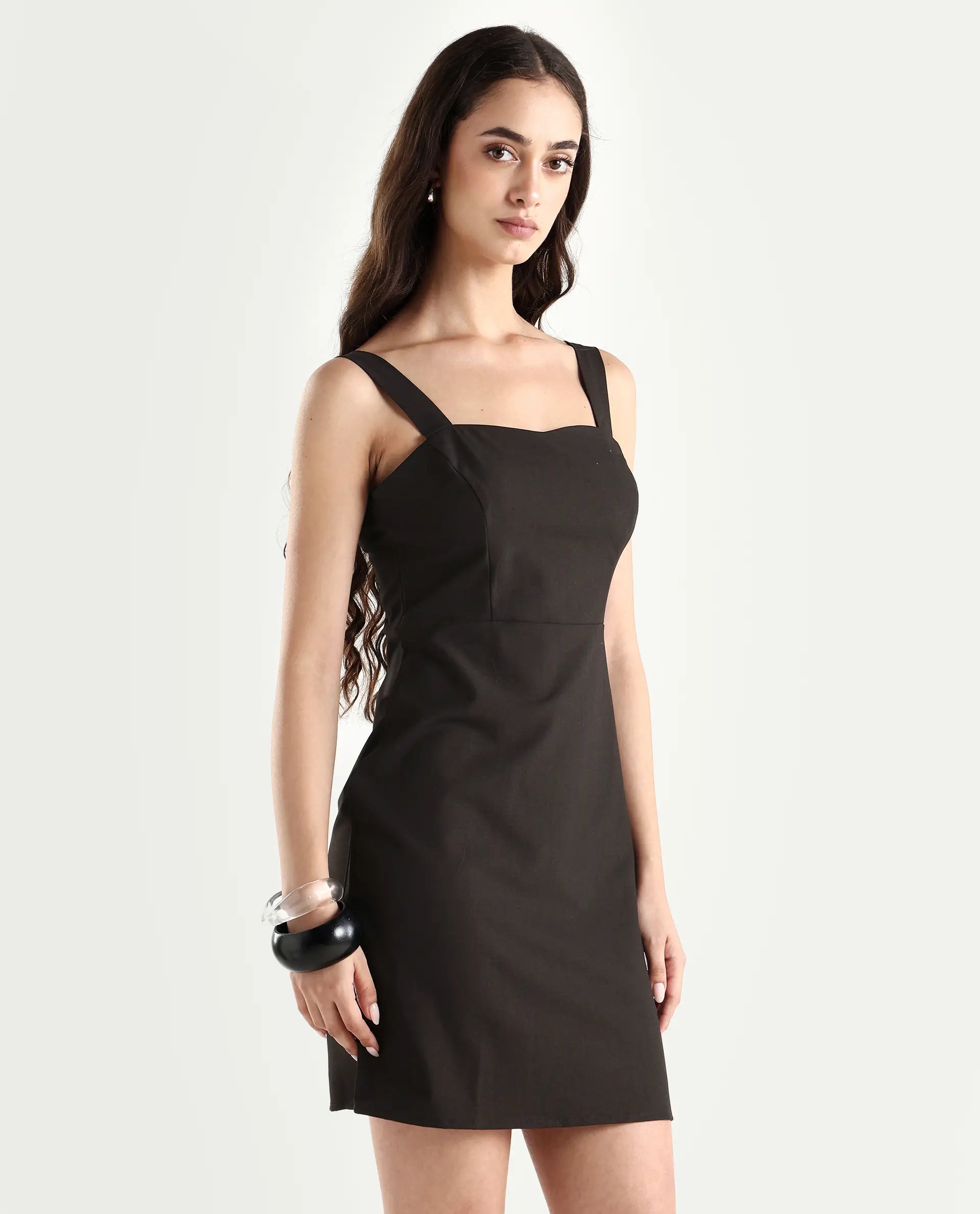 Rareism Women's Canakkale Brown Polyester Blend Sweetheart Neck Plain Sleeveless Mini Straight Fit Dress