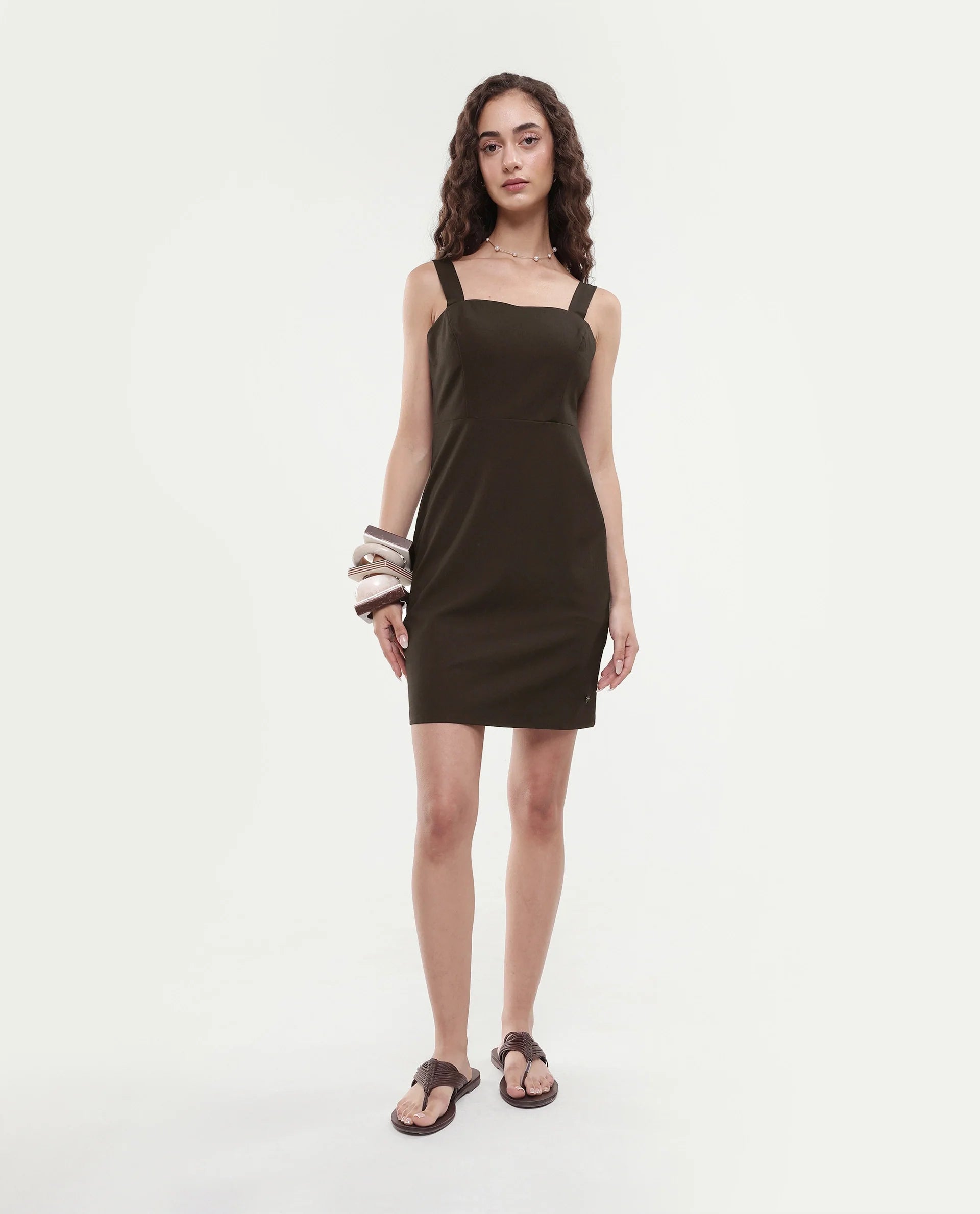 Rareism Women's Canakkale Brown Polyester Blend Sweetheart Neck Plain Sleeveless Mini Straight Fit Dress