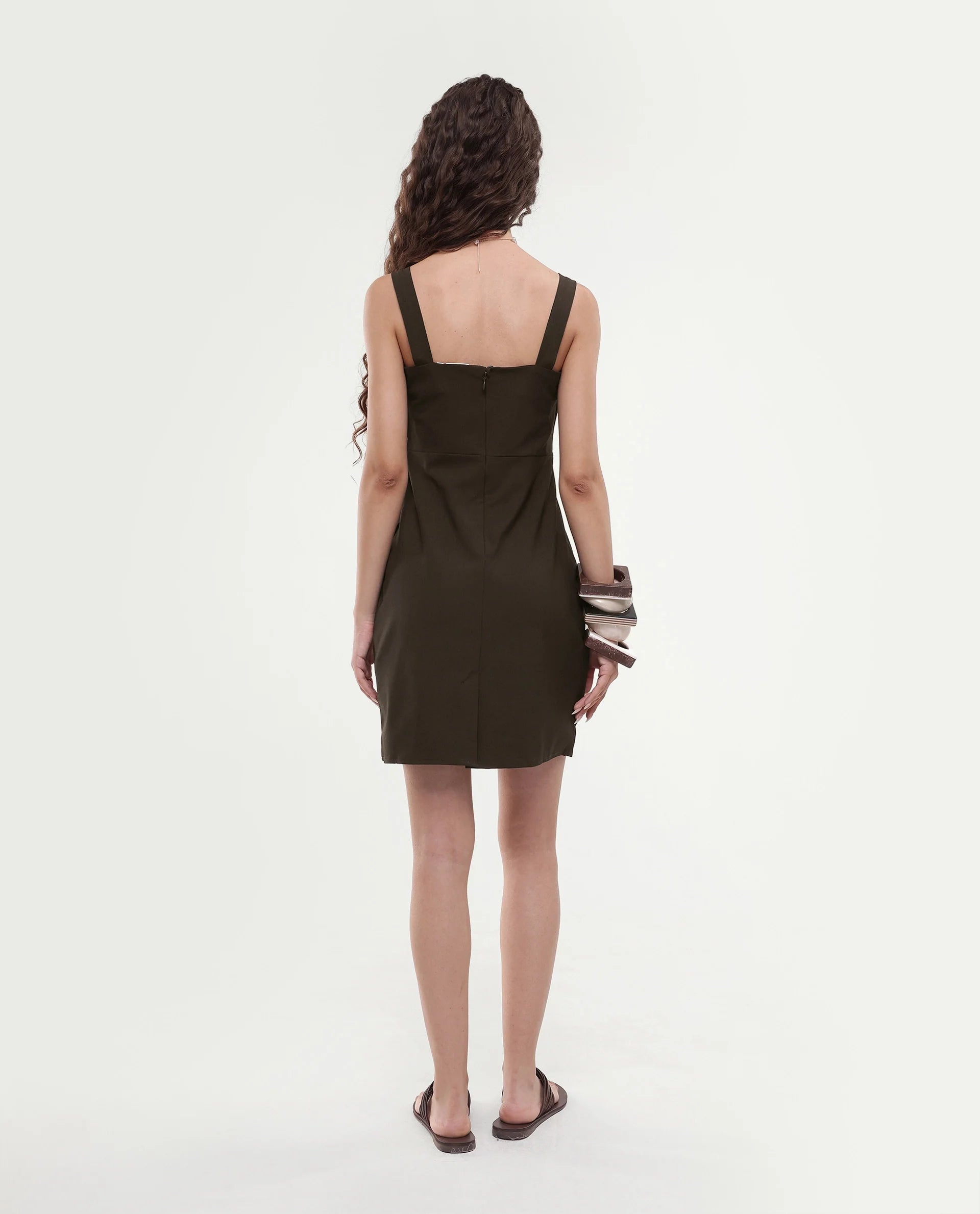 Rareism Women's Canakkale Brown Polyester Blend Sweetheart Neck Plain Sleeveless Mini Straight Fit Dress