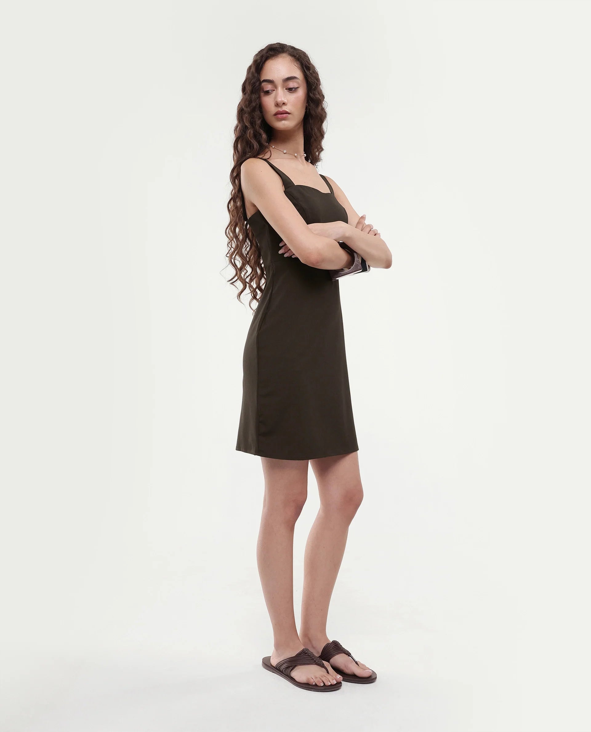 Rareism Women's Canakkale Brown Polyester Blend Sweetheart Neck Plain Sleeveless Mini Straight Fit Dress