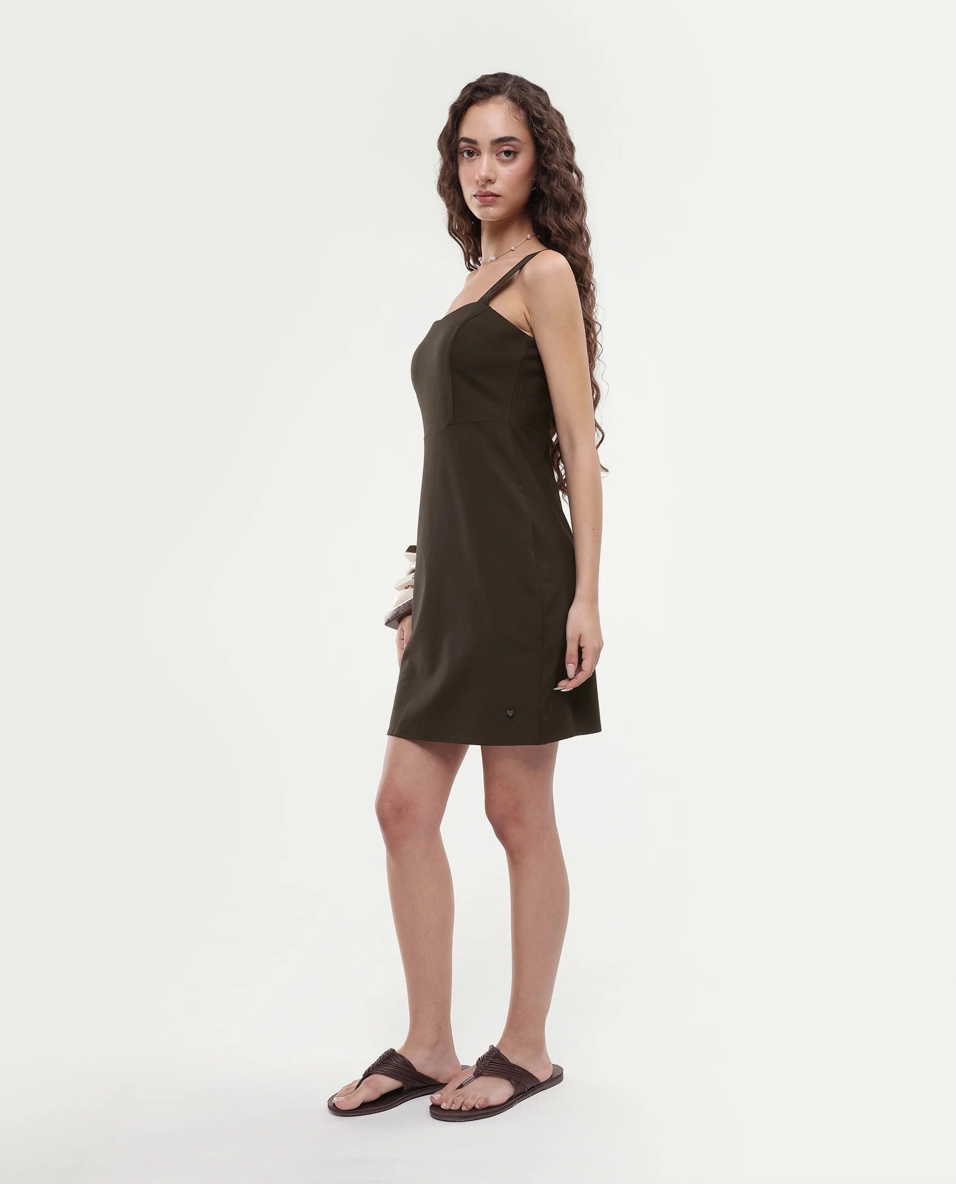 Rareism Women's Canakkale Brown Polyester Blend Sweetheart Neck Plain Sleeveless Mini Straight Fit Dress