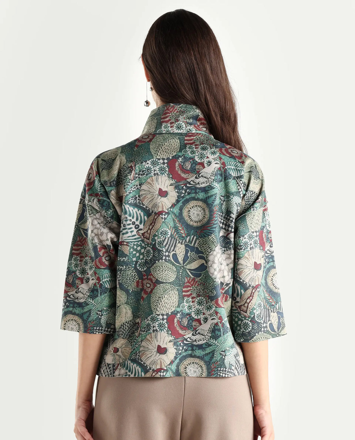 Rareism Women's Vaso Multi Polyester Blend Stand Collar Abstract Print Boxy Fit Jacket