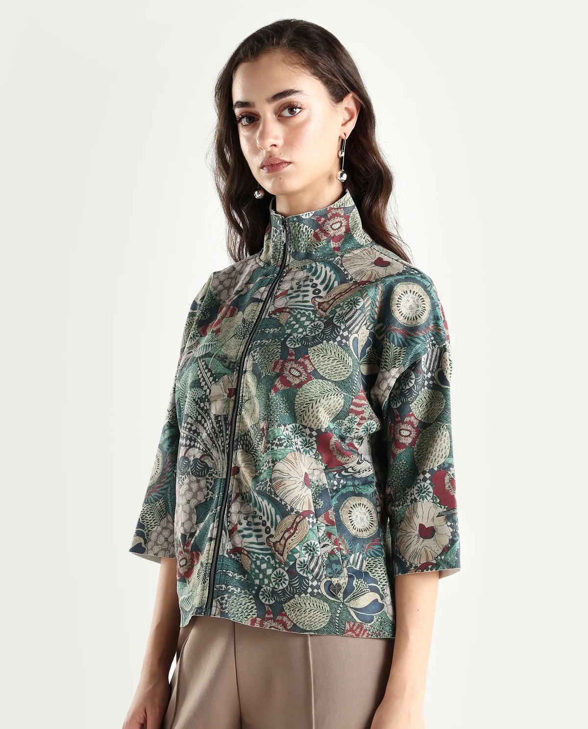 Rareism Women's Vaso Multi Polyester Blend Stand Collar Abstract Print Boxy Fit Jacket