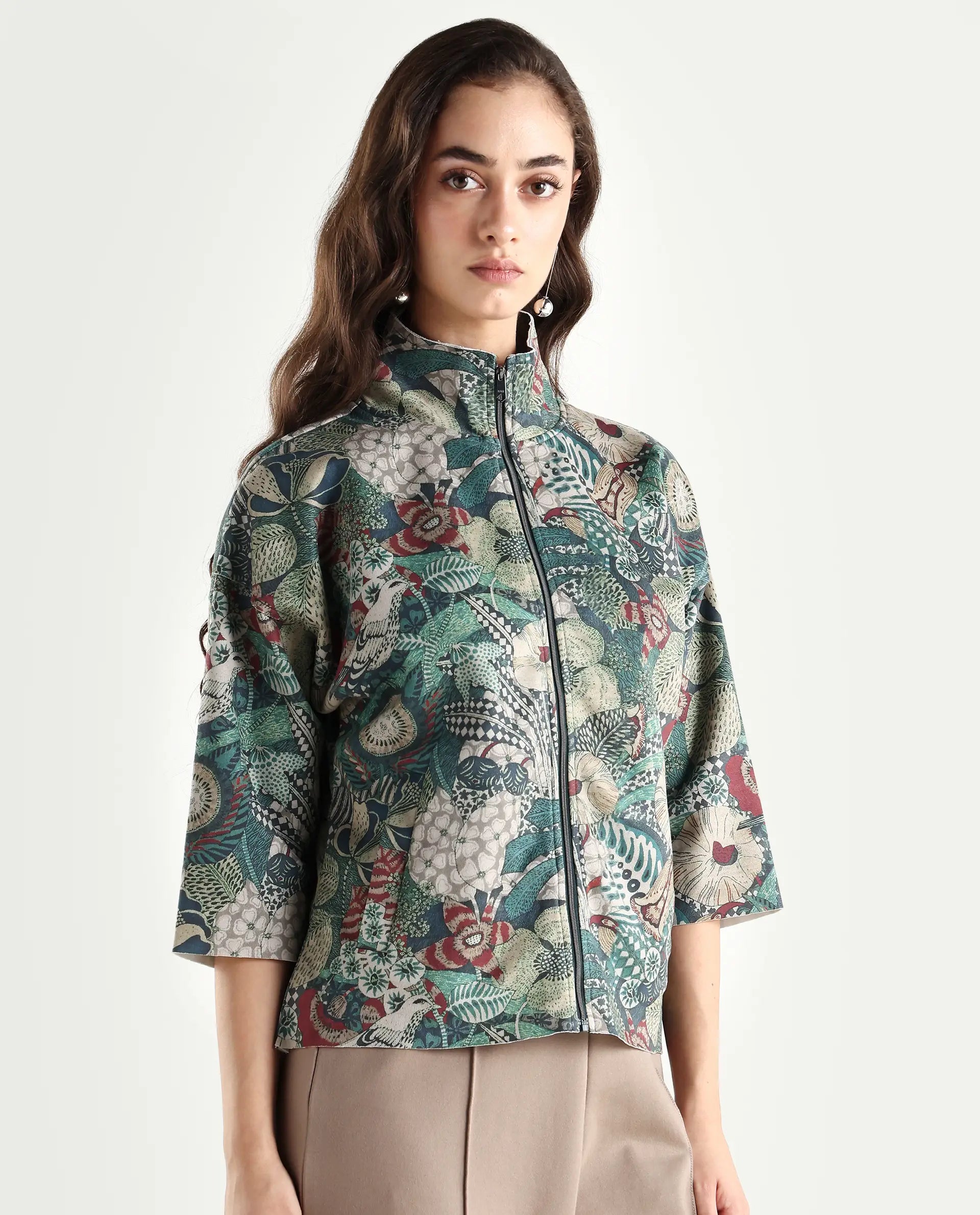 Rareism Women's Vaso Multi Polyester Blend Stand Collar Abstract Print Boxy Fit Jacket