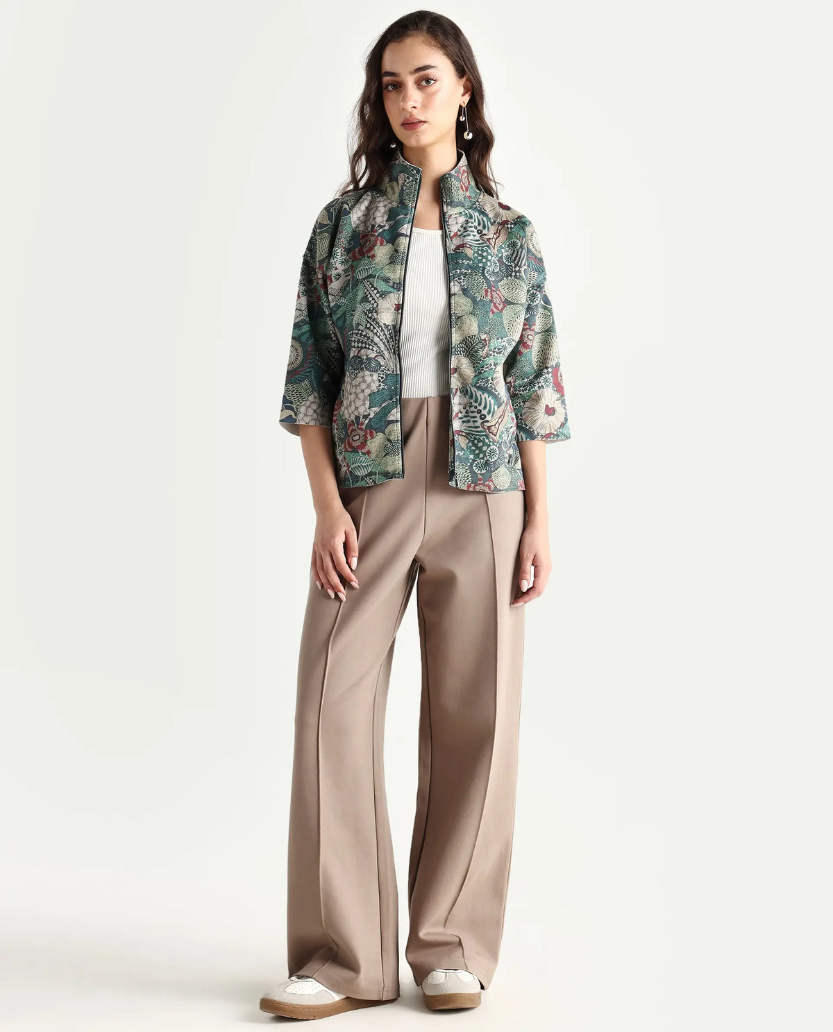 Rareism Women's Vaso Multi Polyester Blend Stand Collar Abstract Print Boxy Fit Jacket