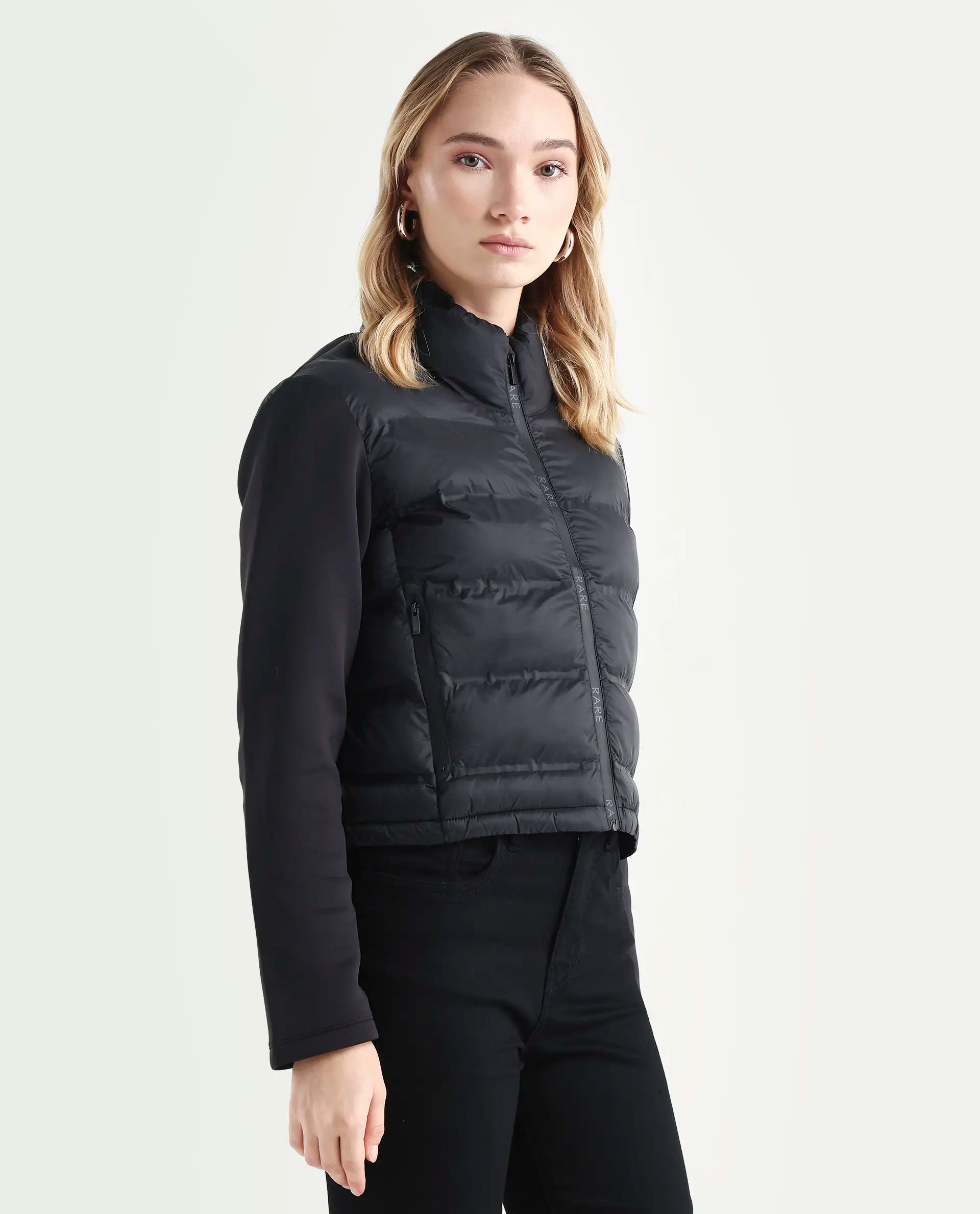 Rareism Women's Zarcro Black Nylon Stand Collar Plain Regular Fit Jacket