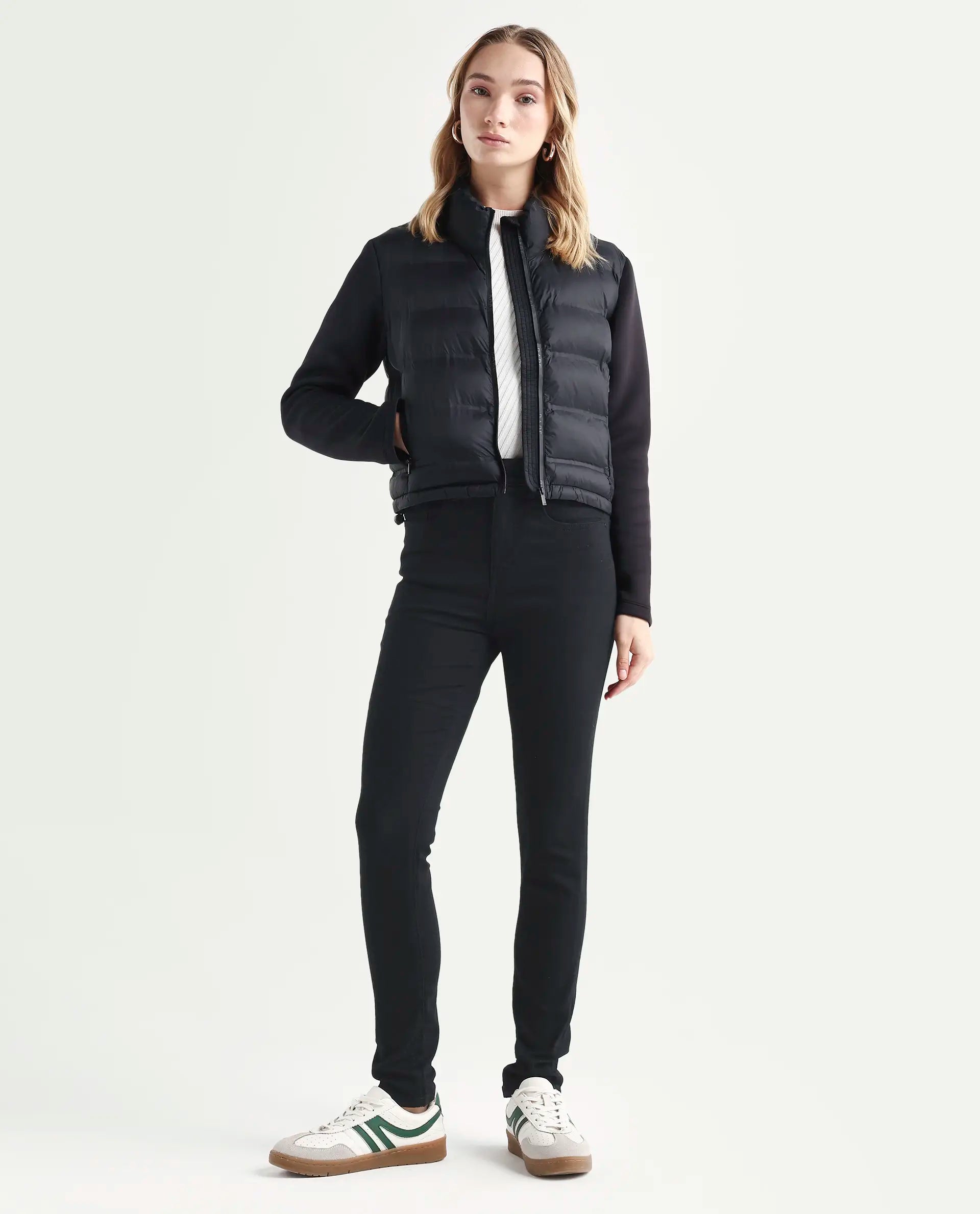Rareism Women's Zarcro Black Polyester Stand Collar Plain Regular Fit Jacket