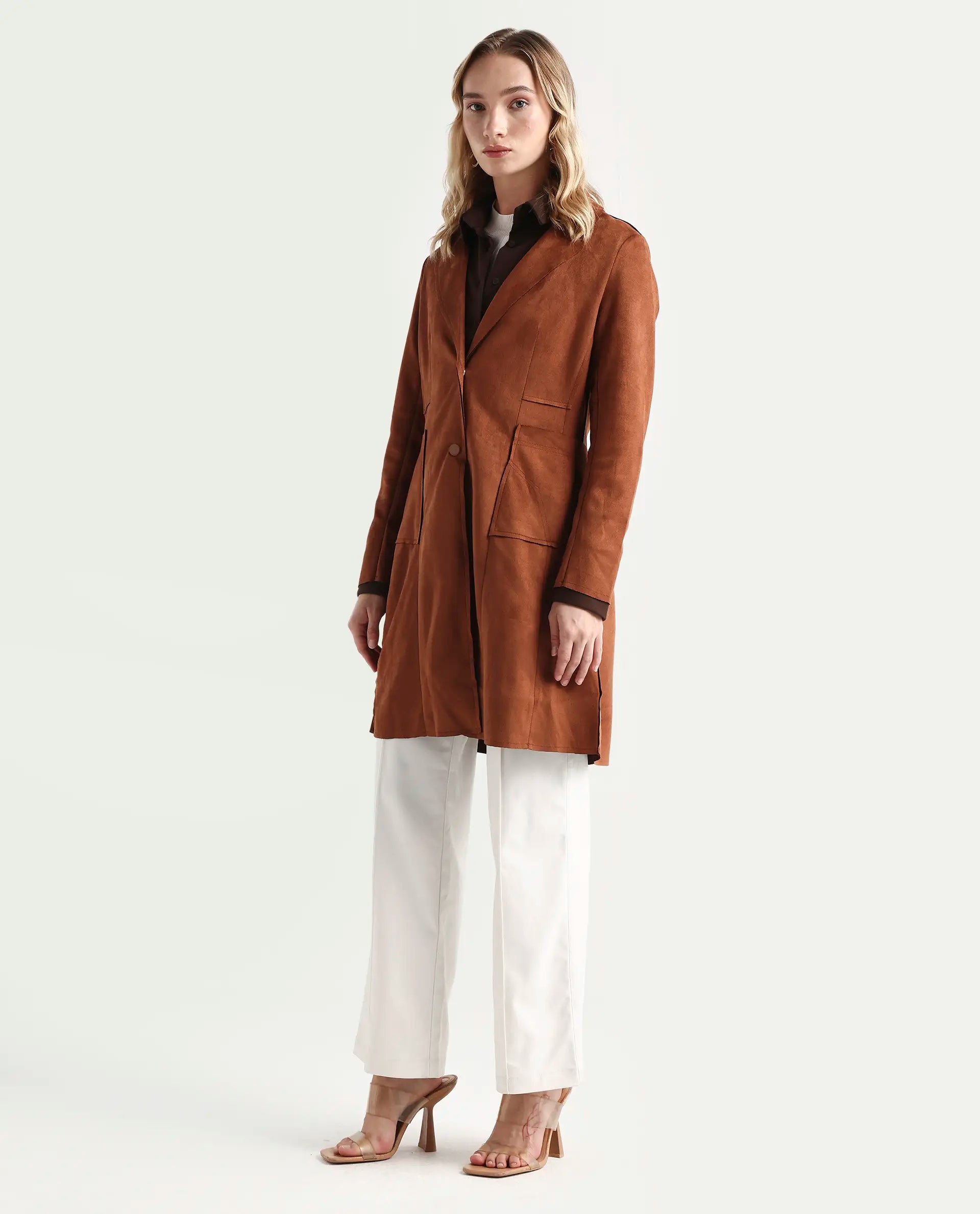 Rareism Women's Gawler Tan Suede Lapel Neck Plain Regular Fit Jacket