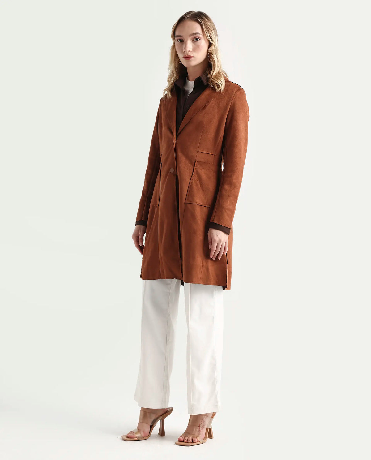 Rareism Women's Gawler Tan Polyester Blend Lapel Neck Plain Regular Fit Jacket