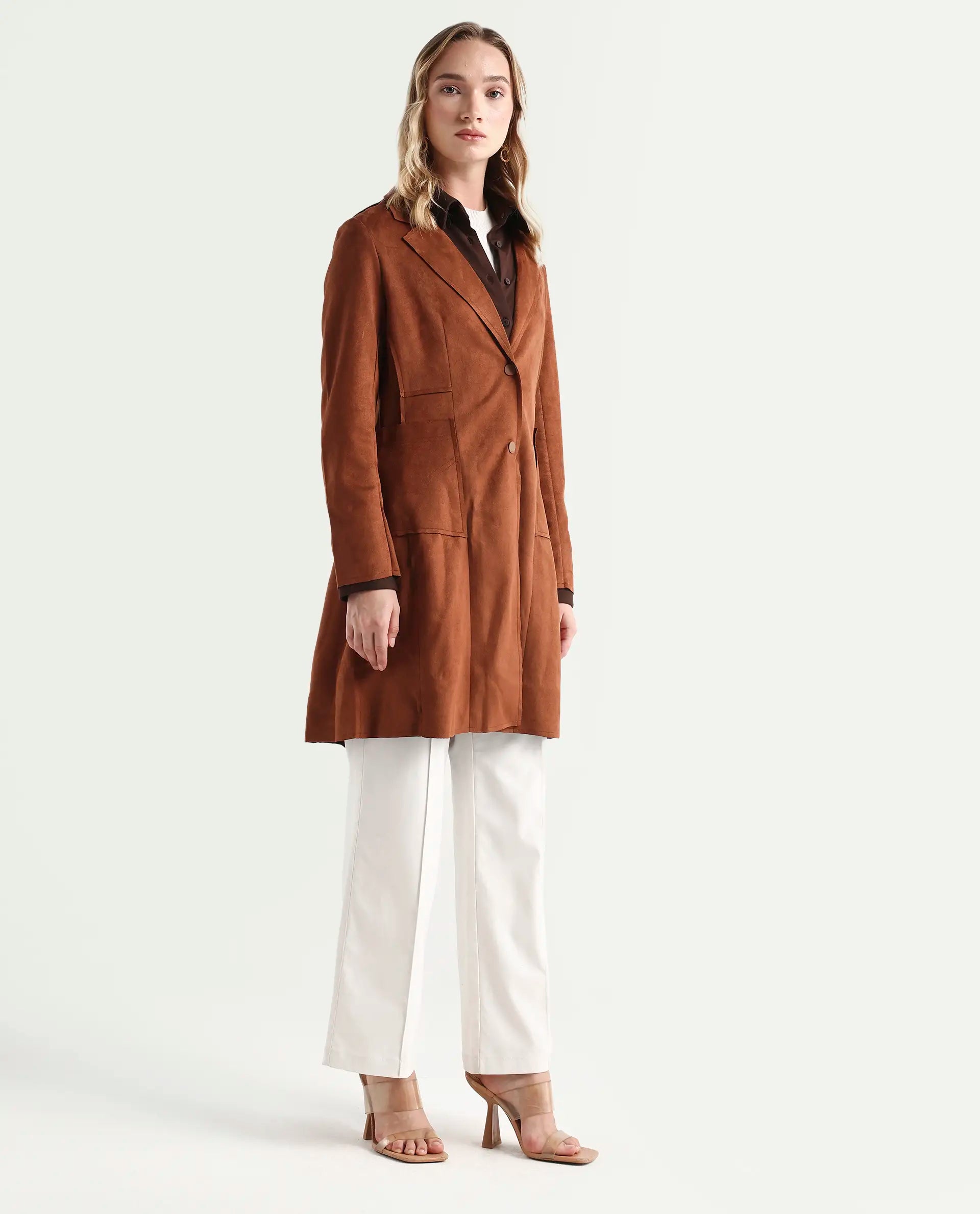 Rareism Women's Gawler Tan Polyester Blend Lapel Neck Plain Regular Fit Jacket